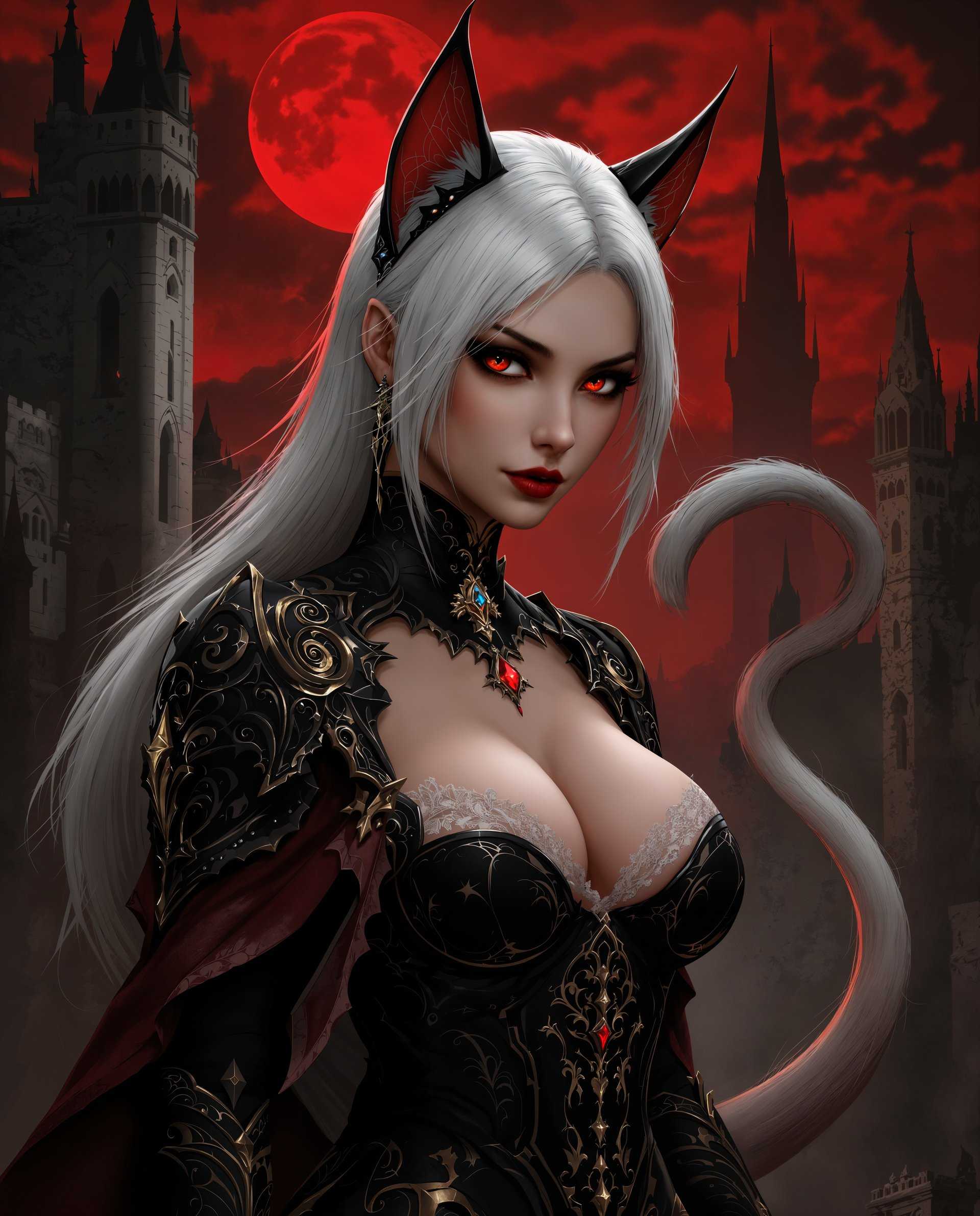 masterpiece, best quality, highres, sharp image, more detail <lora:more_details:0.5> <lora:SDXLrender_v2.0:1>, masterpiece, best quality, highres, sharp image, more detail, This is a realistic photo (photograph) of a female real person image that depicts a character with a realistic aesthetic, featuring a blend of gothic and realistic influences. The character is a humanoid figure with catlike ears and a long, white tail, suggesting a possible feline or mythical inspiration. The art style is highly detailed and stylized, with a focus on smooth lines and intricate patterns.The medium appears to be digital painting, given the high level of detail and the seamless blending of colors. The use of lighting and shadow adds depth and realism to the image, enhancing the threedimensional quality.The color palette is rich and moody, dominated by shades of red, black, and white. The reds range from deep crimson to bright scarlet, creating a dramatic and somewhat ominous atmosphere. The blacks are deep and inky, providing a stark contrast to the lighter colors. The white of the characters hair and tail stands out against the darker background, drawing the viewers eye and adding to the overall sense of otherworldliness.Objects in the image include the character themselves, adorned in ornate armor with gothic elements, such as pointed arches and intricate filigree work. The armor is primarily black with gold accents, and the character wears a corsetstyle bodice with lace and gem embellishments. The characters tail curls elegantly behind them, and they have catlike ears with pointed tips. The setting appears to be a dark, ancient cityscape with towering buildings and a bloodred sky, suggesting a scene from a realistic or gothic narrative. The moon in the sky is also red, contributing to the overall eerie and mysterious ambiance of the image.