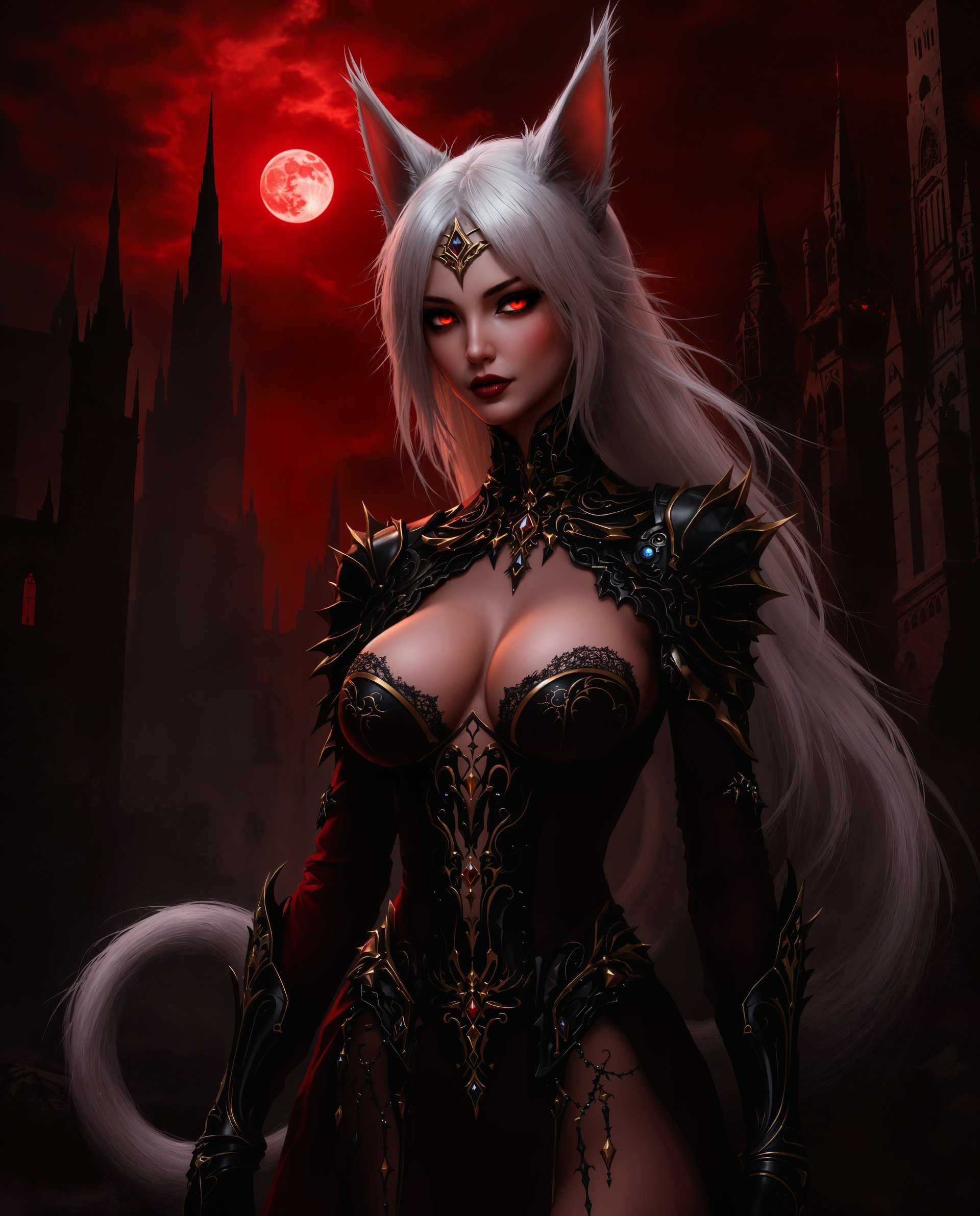 masterpiece, best quality, highres, sharp image, more detail <lora:more_details:0.5> <lora:SDXLrender_v2.0:1>, masterpiece, best quality, highres, sharp image, more detail, This is a realistic photo (photograph) of a female real person image that depicts a character with a realistic aesthetic, featuring a blend of gothic and realistic influences. The character is a humanoid figure with catlike ears and a long, white tail, suggesting a possible feline or mythical inspiration. The art style is highly detailed and stylized, with a focus on smooth lines and intricate patterns.The medium appears to be digital painting, given the high level of detail and the seamless blending of colors. The use of lighting and shadow adds depth and realism to the image, enhancing the threedimensional quality.The color palette is rich and moody, dominated by shades of red, black, and white. The reds range from deep crimson to bright scarlet, creating a dramatic and somewhat ominous atmosphere. The blacks are deep and inky, providing a stark contrast to the lighter colors. The white of the characters hair and tail stands out against the darker background, drawing the viewers eye and adding to the overall sense of otherworldliness.Objects in the image include the character themselves, adorned in ornate armor with gothic elements, such as pointed arches and intricate filigree work. The armor is primarily black with gold accents, and the character wears a corsetstyle bodice with lace and gem embellishments. The characters tail curls elegantly behind them, and they have catlike ears with pointed tips. The setting appears to be a dark, ancient cityscape with towering buildings and a bloodred sky, suggesting a scene from a realistic or gothic narrative. The moon in the sky is also red, contributing to the overall eerie and mysterious ambiance of the image.