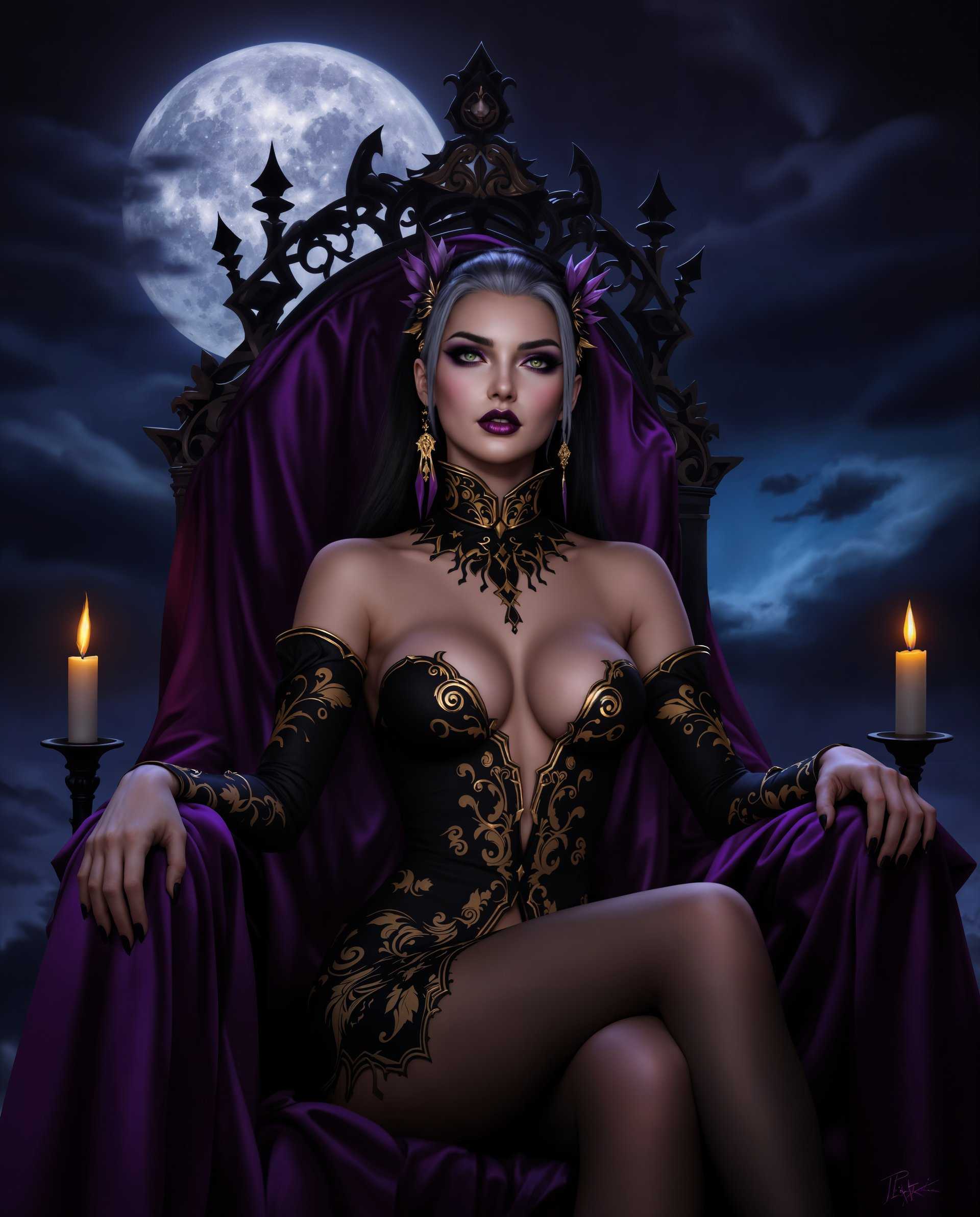 masterpiece, best quality, highres, sharp image, more detail <lora:more_details:0.5> <lora:SDXLrender_v2.0:1>, masterpiece, best quality, highres, sharp image, more detail, This is a realistic photo (photograph) of a female real person highresolution digital artwork that features a stylized female figure with a gothic and realistic theme. The medium appears to be a digital painting, utilizing advanced techniques to create a realistic and detailed depiction of the subject and the surrounding environment. The image has a high level of detail, from the intricate patterns on the clothing to the smooth texture of the skin.The colors in the image are rich and dramatic, with a predominance of purples and blacks that contribute to the gothic and mysterious mood. The figures outfit is primarily black with gold and purple accents, which stand out against the darker background. The figures skin is a realistic, warm tone, providing a contrast to the cool colors of her clothing.The objects in the image are minimal but contribute to the overall gothic atmosphere. There are a few candles in the background, which cast a flickering light, and a large, full moon in the sky, which adds to the nighttime setting. The figure is seated on a thronelike structure with a purple cloth draped over it, which complements the overall color scheme of the image.Overall, the image is a wellcrafted piece of digital art that captures the essence of gothic realism with its detailed depiction of the character, moody color palette, and atmospheric setting.