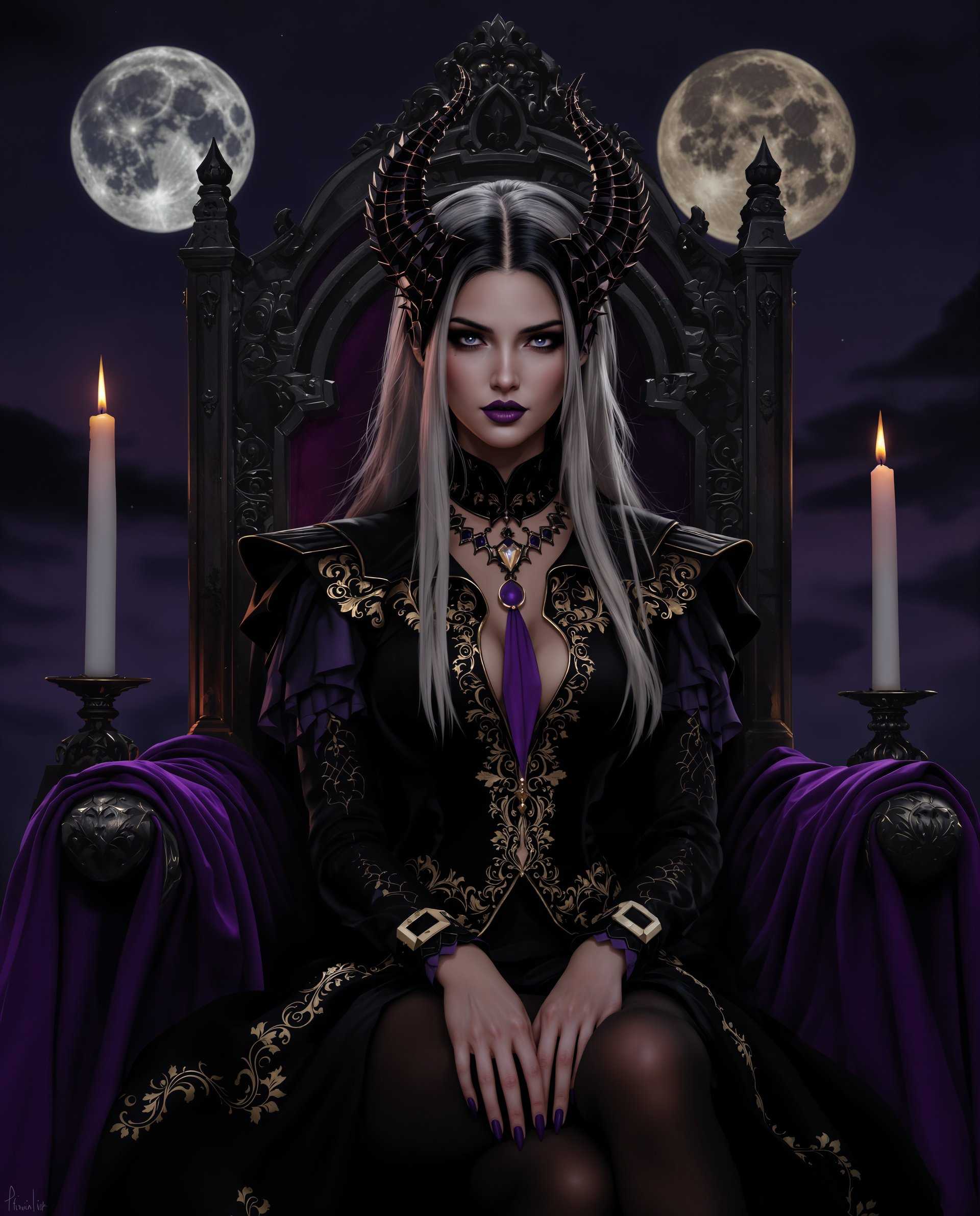 masterpiece, best quality, highres, sharp image, more detail <lora:more_details:0.5> <lora:SDXLrender_v2.0:1>, masterpiece, best quality, highres, sharp image, more detail, This is a realistic photo (photograph) of a female real person highresolution digital artwork that features a stylized female figure with a gothic and realistic theme. The medium appears to be a digital painting, utilizing advanced techniques to create a realistic and detailed depiction of the subject and the surrounding environment. The image has a high level of detail, from the intricate patterns on the clothing to the smooth texture of the skin.The colors in the image are rich and dramatic, with a predominance of purples and blacks that contribute to the gothic and mysterious mood. The figures outfit is primarily black with gold and purple accents, which stand out against the darker background. The figures skin is a realistic, warm tone, providing a contrast to the cool colors of her clothing.The objects in the image are minimal but contribute to the overall gothic atmosphere. There are a few candles in the background, which cast a flickering light, and a large, full moon in the sky, which adds to the nighttime setting. The figure is seated on a thronelike structure with a purple cloth draped over it, which complements the overall color scheme of the image.Overall, the image is a wellcrafted piece of digital art that captures the essence of gothic realism with its detailed depiction of the character, moody color palette, and atmospheric setting.