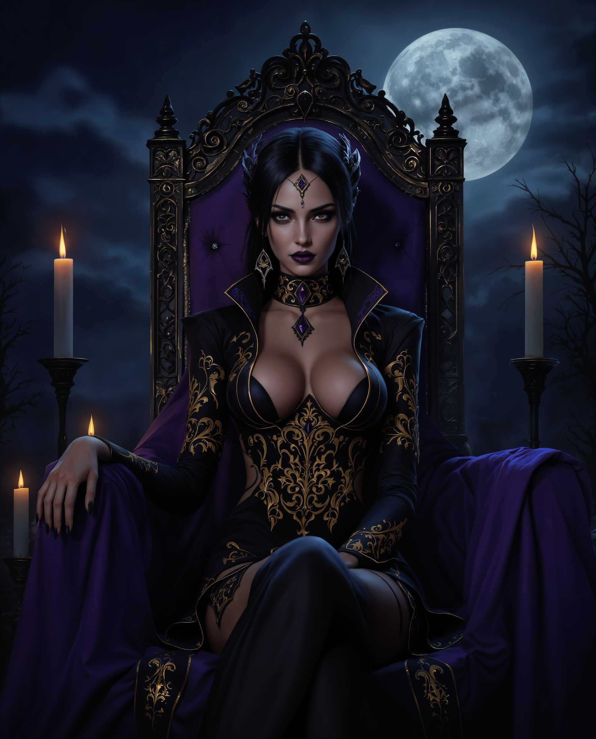 masterpiece, best quality, highres, sharp image, more detail <lora:more_details:0.5> <lora:SDXLrender_v2.0:1>, masterpiece, best quality, highres, sharp image, more detail, This is a realistic photo (photograph) of a female real person highresolution digital artwork that features a stylized female figure with a gothic and realistic theme. The medium appears to be a digital painting, utilizing advanced techniques to create a realistic and detailed depiction of the subject and the surrounding environment. The image has a high level of detail, from the intricate patterns on the clothing to the smooth texture of the skin.The colors in the image are rich and dramatic, with a predominance of purples and blacks that contribute to the gothic and mysterious mood. The figures outfit is primarily black with gold and purple accents, which stand out against the darker background. The figures skin is a realistic, warm tone, providing a contrast to the cool colors of her clothing.The objects in the image are minimal but contribute to the overall gothic atmosphere. There are a few candles in the background, which cast a flickering light, and a large, full moon in the sky, which adds to the nighttime setting. The figure is seated on a thronelike structure with a purple cloth draped over it, which complements the overall color scheme of the image.Overall, the image is a wellcrafted piece of digital art that captures the essence of gothic realism with its detailed depiction of the character, moody color palette, and atmospheric setting.