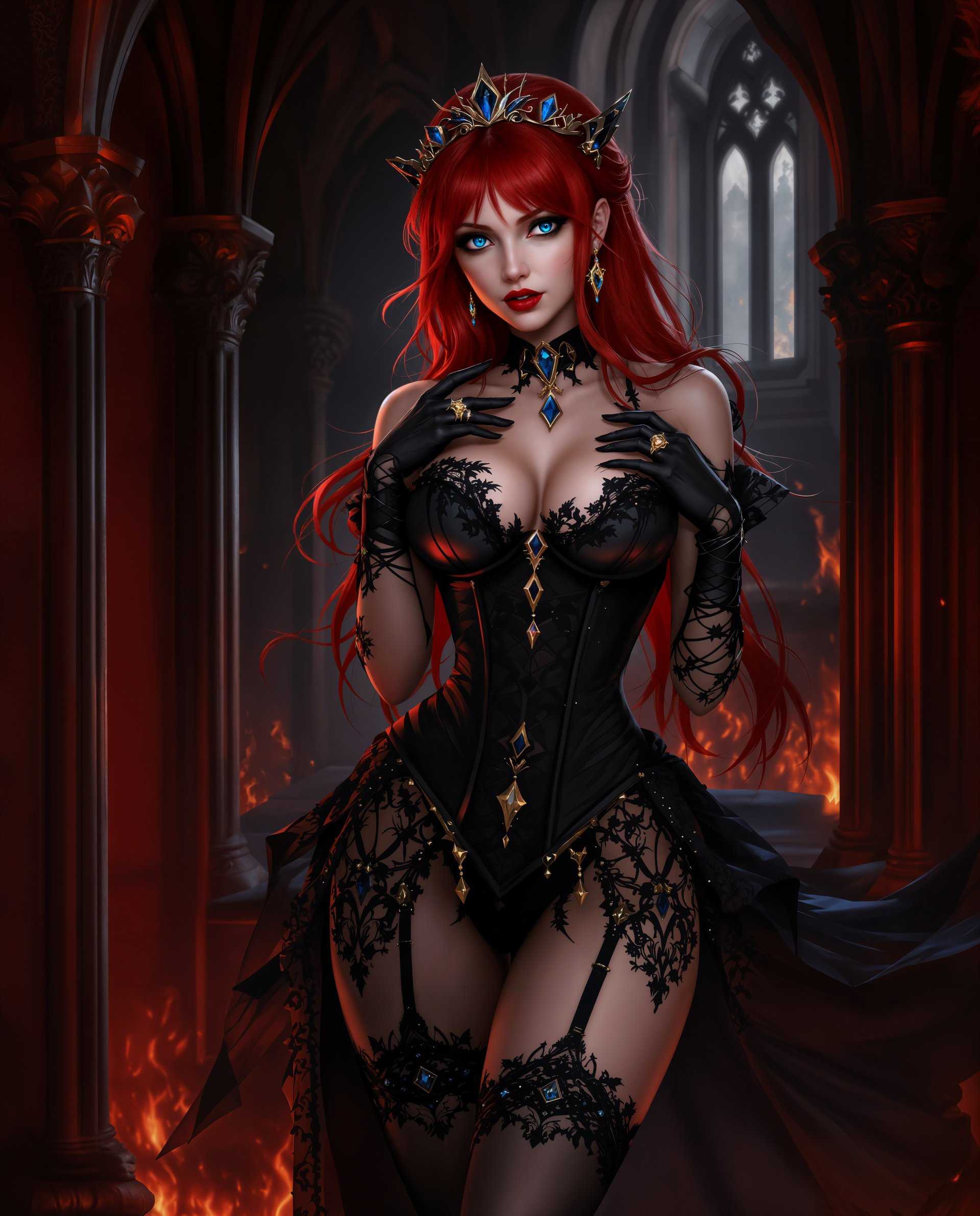 masterpiece, best quality, highres, sharp image, more detail <lora:more_details:0.5> <lora:SDXLrender_v2.0:1>, masterpiece, best quality, highres, sharp image, more detail, This is a realistic photo (photograph) of a female real person image that features a character with a striking red hair and blue eyes, dressed in a black, gothicinspired outfit with lace and gem embellishments. The character is posed in a way that accentuates the outfit, with one hand delicately touching the chest and the other extended outward.The medium appears to be digital painting, given the smooth color gradients and lack of texture that might be present in traditional painting mediums.The colors in the image are rich and vibrant, with the red hair and the black of the outfit standing out against the darker, more subdued background. The reds range from deep crimson to bright scarlet, while the black is a deep, almost midnight shade. There are also touches of blue and gold, primarily in the form of gemstones and jewelry on the outfit.The objects in the image are primarily the characters outfit and accessories. The outfit consists of a bodice with lace detailing and straps, a corsetstyle waist cincher, thighhigh stockings with lace detailing, and gloves. The accessories include a tiara on the head, earrings, and rings on the fingers.The background is richly detailed, with a gothic architectural style that includes pointed arches, intricate carvings, and a sense of depth created by the play of light and shadow. The walls are a deep red, and there is a sense of fire or flames in the background, adding to the gothic and dramatic atmosphere of the scene.