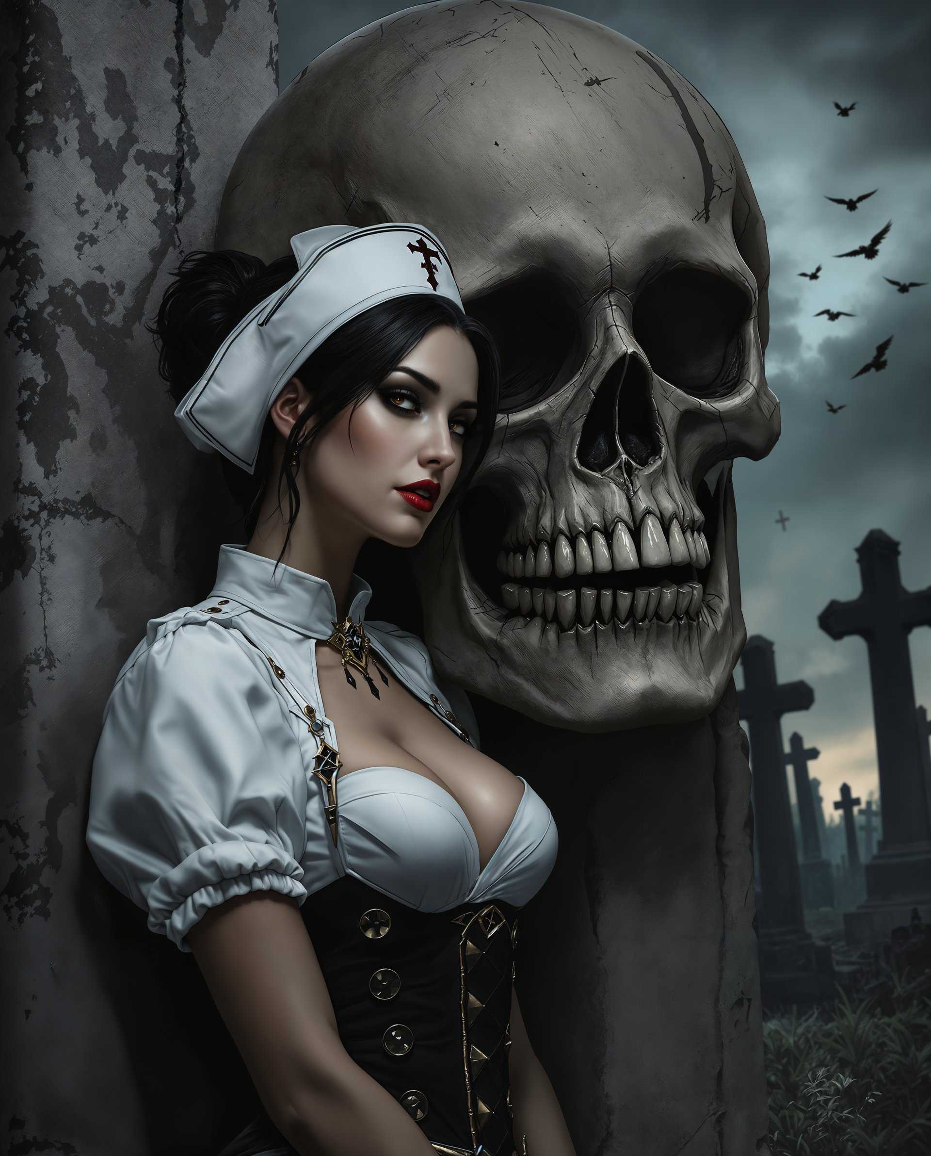 masterpiece, best quality, highres, sharp image, more detail <lora:more_details:0.5> <lora:SDXLrender_v2.0:1>, masterpiece, best quality, highres, sharp image, more detail, A highly detailed, realistic digital painting capturing a gothic and dark fantasy scene. The focus is on a real female character, portrayed in a nurses uniform that includes a stark white cap, black bodice with intricate lace, buttons, and buckles. Her attire features subtle touches of red and gold, providing a striking contrast to the monochromatic palette of grays, blacks, and whites, punctuated by the deep blues of an overcast sky. She leans provocatively against a large, imposing skull with jagged teeth, set within an old, eerie cemetery. The cemetery is filled with weathered crosses and tombstones, enhancing the three-dimensional quality through detailed textures and shadows. The composition employs a medium close-up, with the character slightly off-center to the left, allowing the skull and the atmospheric backdrop to dominate the right side, creating a dynamic balance. The lighting is dramatic, with low-key illumination casting long shadows, emphasizing the textures and depth. The sky, filled with dark, brooding clouds, adds to the ominous mood, while distant birds in flight contribute to the scene's eerie atmosphere. The image captures the essence of chiaroscuro, with a focus on contrast and tonal range, creating a lifelike, immersive experience.