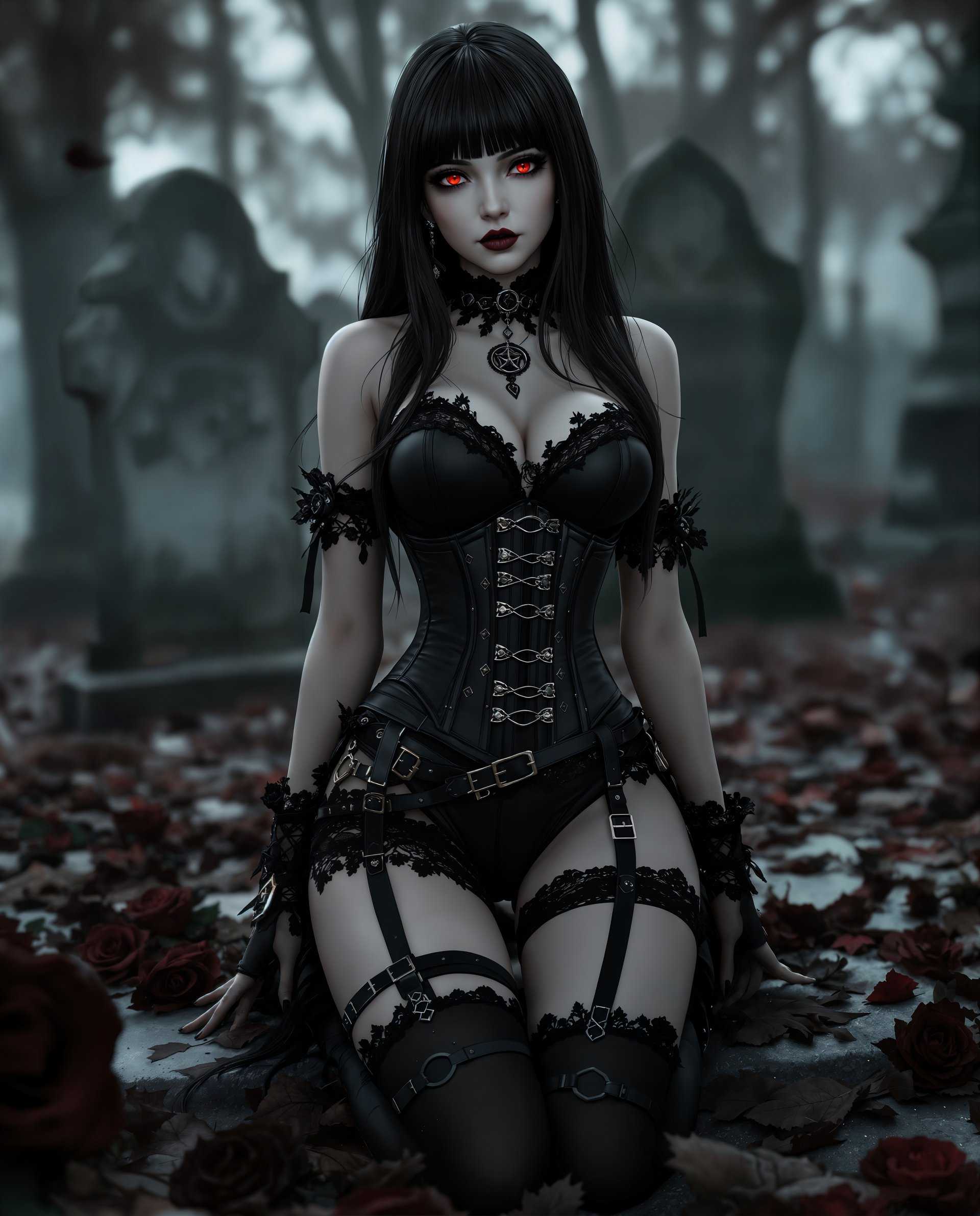 masterpiece, best quality, highres, sharp image, more detail <lora:more_details:0.5> <lora:SDXLrender_v2.0:1>, masterpiece, best quality, highres, sharp image, more detail, This image is a realistic photo (photograph) of a female real person digital artwork that features a character in a gothic inspired outfit. The character has long, flowing black hair with bangs and is wearing a black corset with a high neckline and a matching pair of shorts. The corset is adorned with straps, buckles, and lace, and the shorts have a similar design with lace trim and suspenders. The character is also wearing black stockings with thighhigh stockings and thighhigh boots with straps.The setting of the image is a cemetery, as indicated by the gravestones in the background and the overall somber and dark atmosphere. The ground is covered in fallen leaves, and there are black roses scattered around the character, which complement the gothic theme.The art style of the image is realistic with a touch of fantasy, as seen in the characters exaggerated features and the stylized gothic elements. The medium appears to be a 3D rendering, given the smooth texture and lighting of the character and the environment.The colors in the image are primarily black and gray, with touches of red in the characters eyes and the roses. The lighting in the image is dramatic, with shadows that give depth to the scene and highlight the textures of the characters outfit and the cemetery setting.