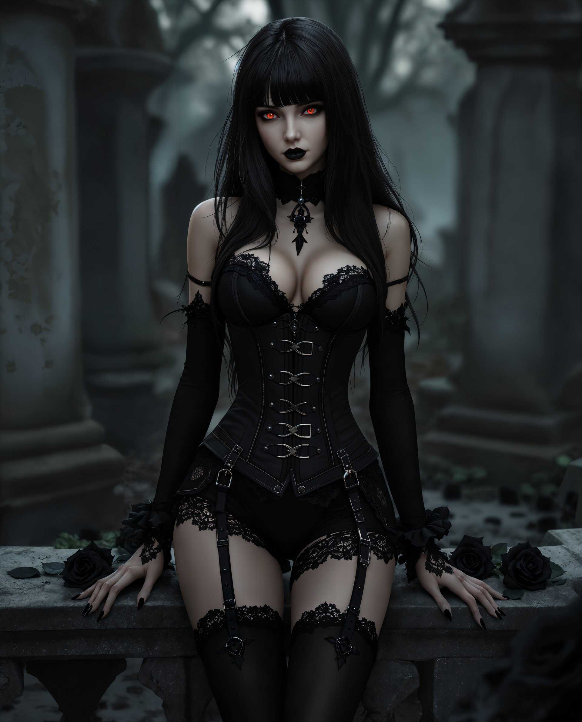 masterpiece, best quality, highres, sharp image, more detail <lora:more_details:0.5> <lora:SDXLrender_v2.0:1>, masterpiece, best quality, highres, sharp image, more detail, This image is a realistic photo (photograph) of a female real person digital artwork that features a character in a gothic inspired outfit. The character has long, flowing black hair with bangs and is wearing a black corset with a high neckline and a matching pair of shorts. The corset is adorned with straps, buckles, and lace, and the shorts have a similar design with lace trim and suspenders. The character is also wearing black stockings with thighhigh stockings and thighhigh boots with straps.The setting of the image is a cemetery, as indicated by the gravestones in the background and the overall somber and dark atmosphere. The ground is covered in fallen leaves, and there are black roses scattered around the character, which complement the gothic theme.The art style of the image is realistic with a touch of fantasy, as seen in the characters exaggerated features and the stylized gothic elements. The medium appears to be a 3D rendering, given the smooth texture and lighting of the character and the environment.The colors in the image are primarily black and gray, with touches of red in the characters eyes and the roses. The lighting in the image is dramatic, with shadows that give depth to the scene and highlight the textures of the characters outfit and the cemetery setting.