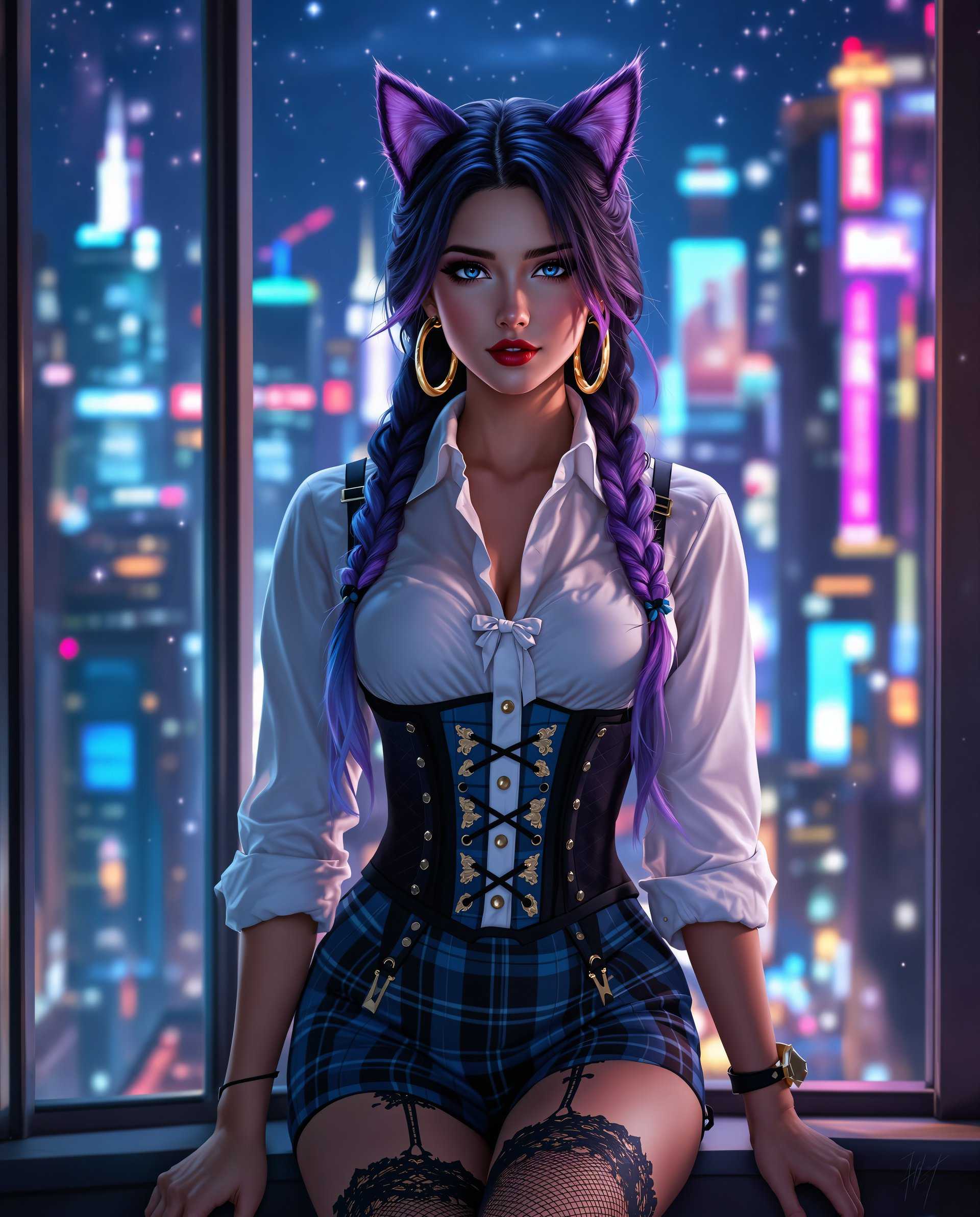 masterpiece, best quality, highres, sharp image, more detail <lora:more_details:0.5> <lora:SDXLrender_v2.0:1>, A highly detailed, realistic digital portrait of a woman with an enchanting, fantastical appearance. **Subject**: The woman has long, dark hair with a gradient of purple and blue hues, styled into two meticulously braided locks that cascade over her shoulders. Her hair exhibits lifelike texture with natural highlights and lowlights, giving it volume and depth. **Attire**: She is adorned in a pristine white blouse with a high, starched collar and long sleeves, rolled up to reveal the forearms. The blouse is buttoned to the neck, subtly exposing a blue and black lace corset underneath with a bow accentuating the center. A short, blue and black plaid skirt cinched with a belt sits just above her knees, complemented by sheer black stockings with intricate lace tops, secured by delicate suspenders. **Accessories**: Large gold hoop earrings and whimsical cat ears on her head enhance her magical allure. **Background**: The setting is an urban nightscape viewed through a window, with the city's skyline, skyscrapers, and glowing neon signs creating a vibrant contrast to the subject. The scene is bathed in a mix of blues, purples, and pinks, with sparkling lights and a pronounced bokeh effect, evoking a dreamlike, ethereal atmosphere. **Art Style**: The image employs a hyper-realistic digital art technique, with meticulous attention to lighting, shadow, and texture, creating a dynamic composition that captivates the viewer with its depth and detail. **Photography Terms**: Use a shallow depth of field to focus on the subject, with the cityscape slightly blurred, highlighting the contrast between the sharp details of the woman and the soft, dreamy background. **Mood**: The image should convey a sense of enchantment and urban fantasy, with the character's striking presence juxtaposed against the bustling city night.