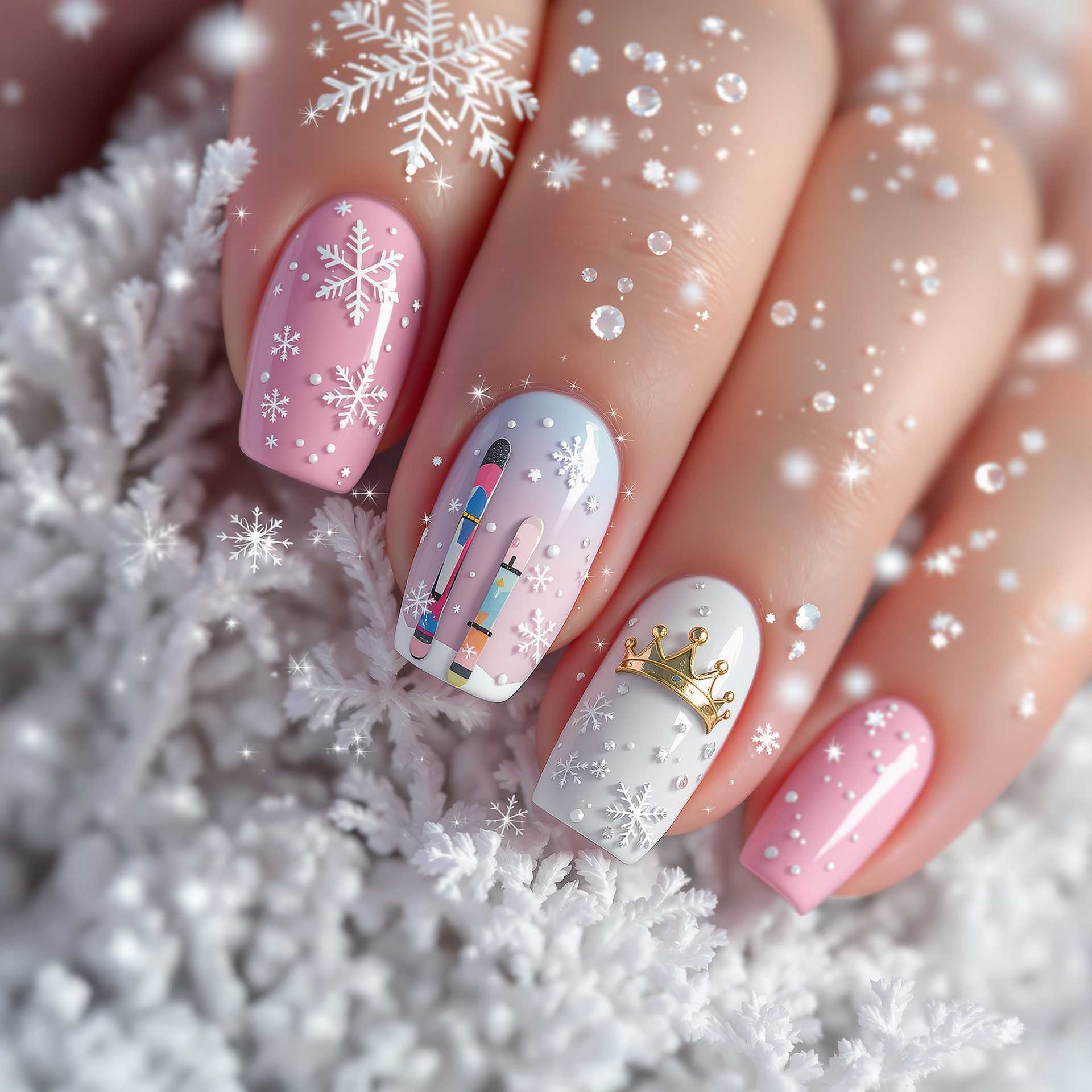 winter themed nail design featuring pastel colors with snowflakes and shimmering accents and 3 d designs with crowns and skis . A vibrant mix that captures the essence of the season in a fresh manicure and shot in the mountains with snow less saturation D70 HDR 