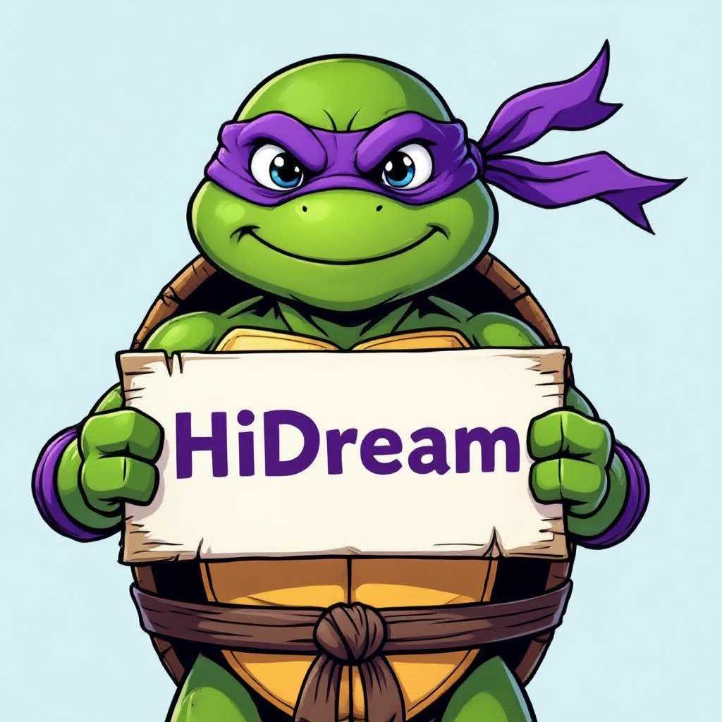 a photo of a purple ninja turtle holding a sign that says HiDream on PixelDojo.ai