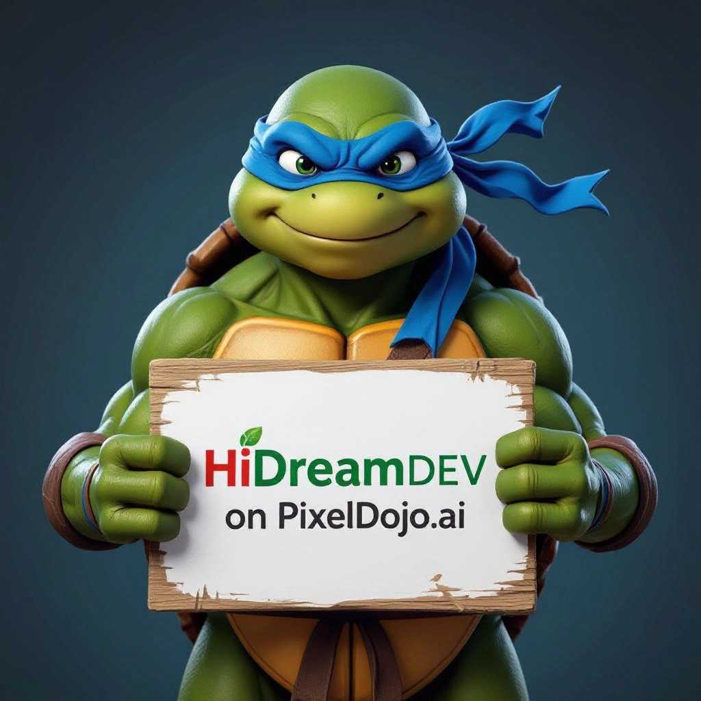 a photo of a ninja turtle holding a sign that reads "HiDream DEV on PixelDojo.ai"