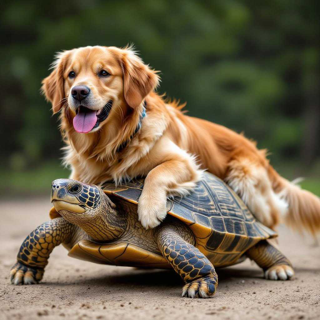a turtle carrying a golden retriever