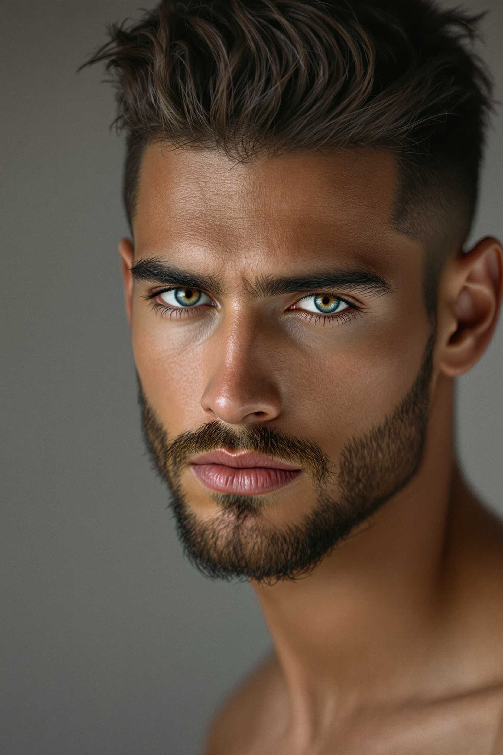 A captivating portrait of a beautiful man, showcasing grace, allure, and individuality. The image is shot on 70mm film with an ultra-wide angle lens at 1/1000 shutter speed, F/22 aperture for depth of field, creating a photorealistic, ultra-high detail image. His features are highlighted with a blend of modern and timeless beauty, the lighting soft yet dramatic, emphasizing his unique facial structure. The composition frames him centrally, his gaze piercing the lens, with a sharp focus on his eyes to convey depth and emotion. The mood is serene yet powerful, set in a neutral, studio-like environment to let his presence dominate the scene. The overall style merges contemporary artistry with classical portrait techniques, resulting in a masterpiece of high resolution, showcasing the essence of masculine beauty through intricate textures and lifelike detail.