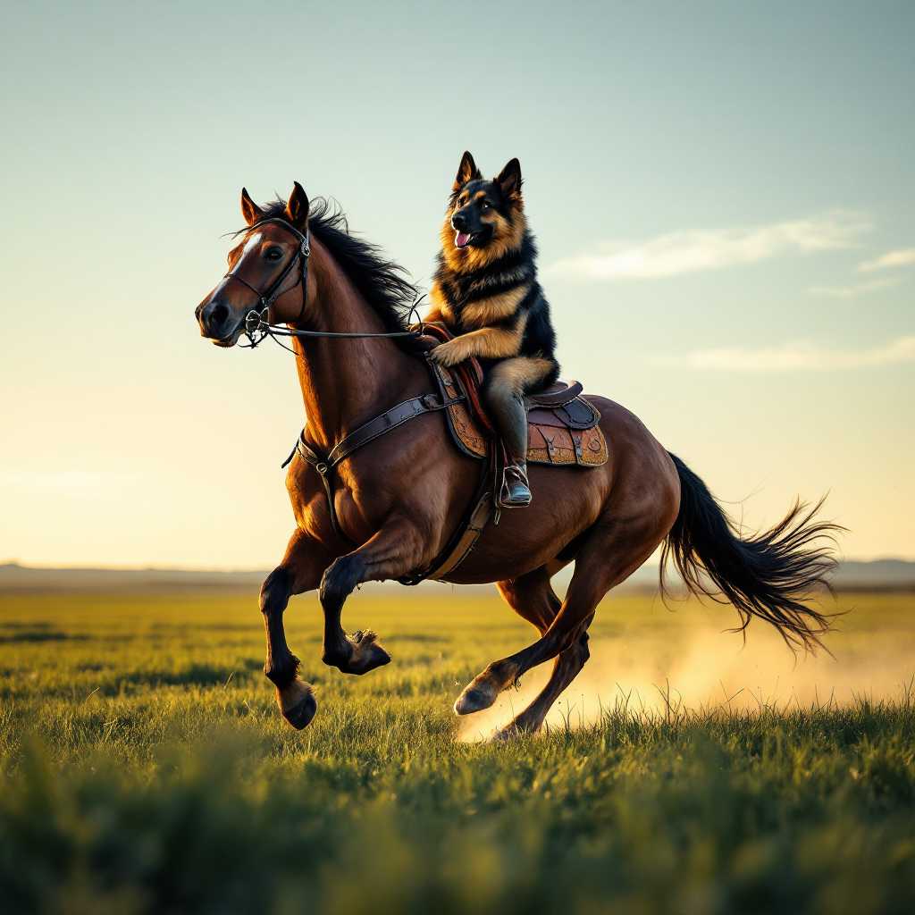 A striking photograph of a majestic German Shepherd confidently riding a powerful horse, captured in a vast, open field during golden hour. The German Shepherd, with its thick, glossy black and tan fur, sits upright on a worn leather saddle, its intelligent eyes focused ahead, ears perked with alertness. The horse, a muscular chestnut stallion, gallops gracefully, its mane flowing in the wind, muscles rippling under its shiny coat. The scene is bathed in warm, soft sunlight, casting long shadows on the lush green grass and creating a glowing, ethereal atmosphere. The composition focuses on the dynamic duo in the center, shot from a low angle to emphasize their strength and dominance against a clear blue sky with faint wisps of clouds. The mood is adventurous and surreal, blending the raw energy of nature with an unexpected, whimsical partnership. Rendered in a hyper-realistic photographic style with sharp details, high contrast, and vivid colors, reminiscent of professional wildlife photography.
