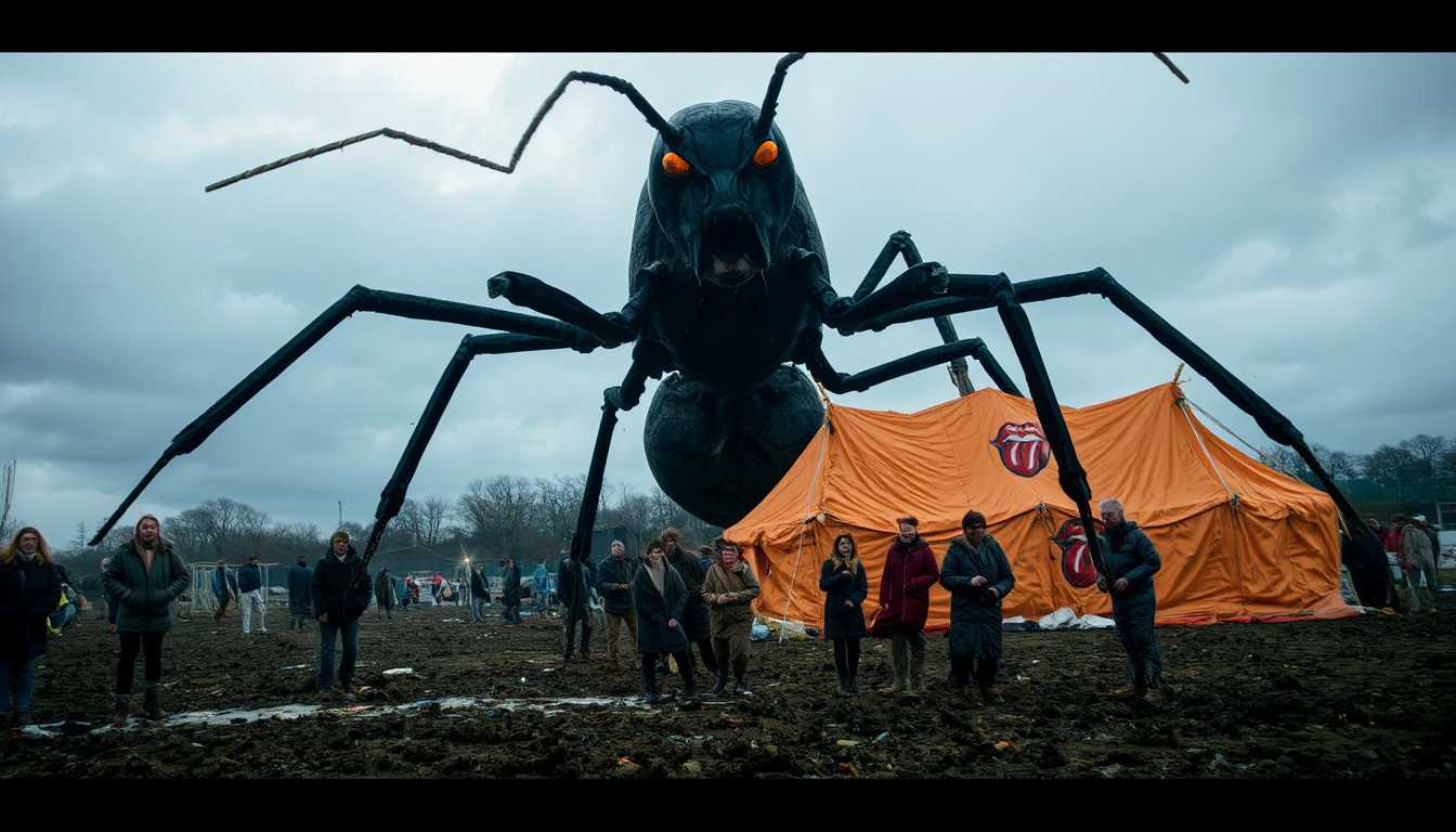A colossal, menacing ant towering over the scene, its glossy black exoskeleton reflecting eerie highlights under a stormy, overcast sky, with jagged mandibles and piercing, glowing red eyes. The ant stands dominantly in front of the iconic "Rolling Stones' orange tent" at Roskilde Festival, the tent's vibrant orange fabric tattered and flapping in the wind, adorned with the legendary Rolling Stones logo. In the foreground, a panicked crowd of festival-goers flees in terror, their faces contorted with fear, scattering in all directions across a muddy, trampled field littered with abandoned camping gear and festival debris. The composition is dynamic, shot from a low-angle perspective to emphasize the ant's overwhelming size and threat, with the tent slightly off-center as a recognizable focal point. The atmosphere is chaotic and tense, with a dark, gritty mood, enhanced by dramatic lighting and deep shadows cast by the looming ant. Rendered in a hyper-realistic style with cinematic detailing, reminiscent of a blockbuster movie still, capturing intricate textures of the ant's chitinous armor, the worn fabric of the tent, and the raw emotion of the fleeing crowd.