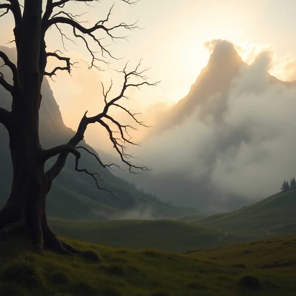 A serene landscape of a misty mountain valley at sunrise, painted in the style of Romanticism, reminiscent of Caspar David Friedrich. The scene features towering, jagged peaks cloaked in soft, ethereal fog, with golden sunlight piercing through the clouds, casting long, dramatic shadows across the lush, emerald-green valley below. The foreground showcases a solitary, ancient oak tree with gnarled branches, its rough bark textured and detailed, standing as a silent witness to the passage of time. The composition centers the tree on the left, with the mountains rising majestically in the background, framed by a low camera angle to emphasize their grandeur. The mood is tranquil yet awe-inspiring, evoking a sense of solitude and connection to nature. The atmosphere is crisp and cool, with hints of dew on the grass and a faint glow of morning light. Rendered with intricate brushwork, high contrast between light and shadow, and a rich color palette of deep greens, warm golds, and soft grays, creating a hyper-realistic yet painterly effect.
