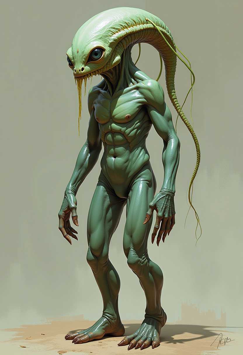 Velvaxians Physical Description: Velvaxians are a primitive alien humanoid species with rubbery, semi-translucent skin that changes color based on their emotions and environmental stimuli. Their skin is smooth and slightly glossy, with a flexible, almost gelatinous texture that allows them to stretch and conform to different shapes. Instead of hair, they have long, flexible tendrils that grow from the top of their heads. These tendrils are a mix of semi-solid and liquid.