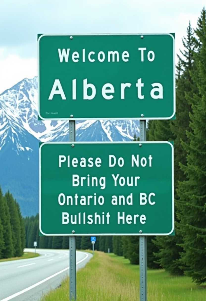 The image features two green road signs against a backdrop of lush greenery, likely indicating a rural or semirural location. The signs are mounted on metal poles and are typical of highway welcome signs, with the top sign reading  "Welcome To Alberta" in white, capitalized letters. The bottom sign is more informal and confrontational, with the words "Please Do Not Bring Your Ontario and BC Bullshit Here" in a similar style, albeit in lowercase letters. The art style is straightforward and utilitarian, with no additional graphics or symbols aside from the text. The medium appears to be a digital rendering or photograph of a real road sign, given the texture and quality of the image. The colors are natural and muted, with the green of the signs standing out against the snow capped Canadian Rockies in the background. The white text is bold and legible, designed to be easily read from a distance. The objects in the image are primarily the road signs themselves, which are the focal point of the composition. They are the only man made objects visible, with the natural environment providing a tranquil and somewhat secluded backdrop. The road curves gently out of view on the left, suggesting that the signs are at the entrance to a stretch of highway or a particular area within Alberta. The overall impression is one of a straightforward, yet somewhat humorous, message from one state to another. background Canadian rockies