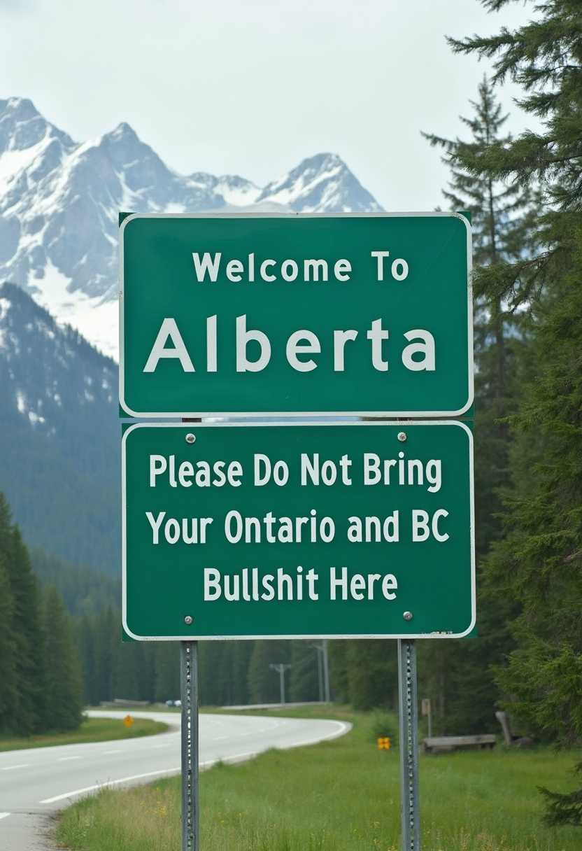 The image features two green road signs against a backdrop of lush greenery, likely indicating a rural or semirural location. The signs are mounted on metal poles and are typical of highway welcome signs, with the top sign reading  "Welcome To Alberta" in white, capitalized letters. The bottom sign is more informal and confrontational, with the words "Please Do Not Bring Your Ontario and BC Bullshit Here" in a similar style, albeit in lowercase letters. The art style is straightforward and utilitarian, with no additional graphics or symbols aside from the text. The medium appears to be a digital rendering or photograph of a real road sign, given the texture and quality of the image. The colors are natural and muted, with the green of the signs standing out against the snow capped Canadian Rockies in the background. The white text is bold and legible, designed to be easily read from a distance. The objects in the image are primarily the road signs themselves, which are the focal point of the composition. They are the only man made objects visible, with the natural environment providing a tranquil and somewhat secluded backdrop. The road curves gently out of view on the left, suggesting that the signs are at the entrance to a stretch of highway or a particular area within Alberta. The overall impression is one of a straightforward, yet somewhat humorous, message from one state to another. background Canadian rockies