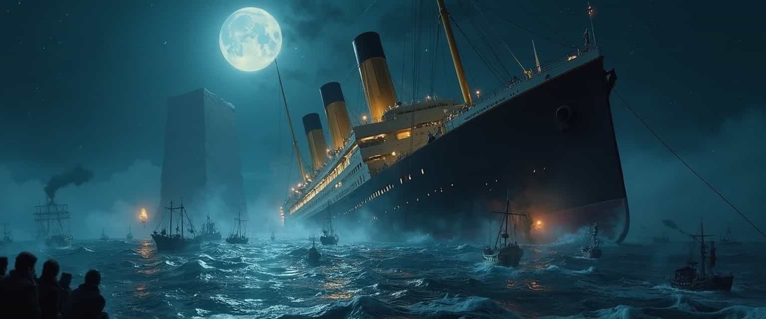 A dramatic and haunting scene of the RMS Titanic sinking in the frigid North Atlantic on a moonlit night, April 14, 1912. The colossal ship tilts sharply, its grand bow submerged as lifeboats scatter below. Panicked passengers in early 20th-century attire cling to railings, some praying, others frozen in despair. The iceberg looms ghostly in the distance, moonlight glinting off its jagged edges. Flickering deck lights cast golden ripples on dark, icy waters. Smoke billows from tilted funnels against a starry sky. Wide-angle view emphasizes scale and tragedy, with faint SOS flares bursting in muted reds against thick fog. Cinematic hyperrealism, cold blue tones, and intricate period details.