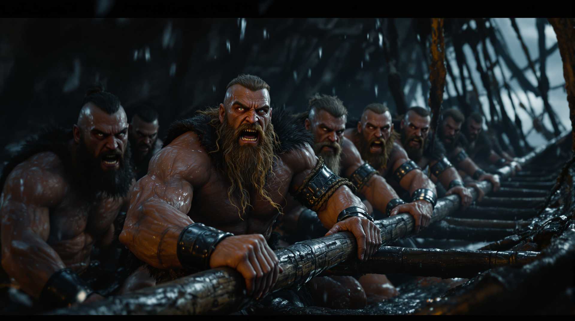 ultradetailed picture:eight different Vikings in the twilight of a wooden boat row under its deck - inside it - with great strength and ferocity.   Their muscular bodies glisten with sweat, faces turned into the frame - full of tension and fury.   detailed style, extremely detailed, inspired by the animation of the film "Vikings".   On their forearms are visible metal bracelets, emphasizing the brutal, warlike atmosphere of the scene.   The interior is bathed in darkness and moisture.   Expressive image. 8k.hd