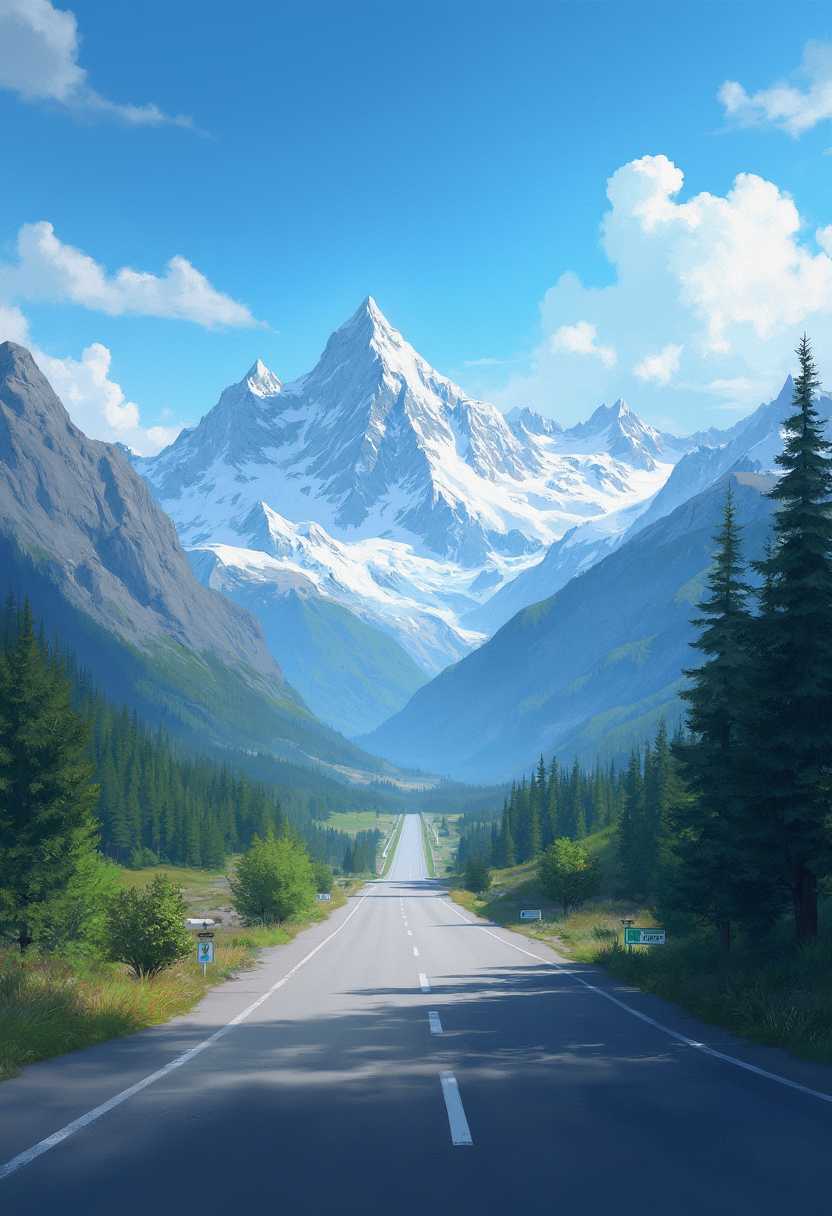 This image captures a breathtaking landscape dominated by towering snowcapped mountains in the distance, with a clear blue sky above. The mountains are adorned with intricate patterns of snow and ice, suggesting the rugged terrain and steep slopes that are typical of highaltitude peaks. The snow is pristine and white, contrasting sharply with the deep blues of the sky and the greens of the vegetation in the foreground.In the middle ground, there is a straight, wellmaintained road that cuts through the landscape, inviting the viewers gaze to travel towards the horizon. The road is bordered by lush greenery, including trees and shrubs, which add a touch of life and color to the scene. The road itself is grey, with white dashed lines that guide the eye and suggest a sense of direction and journey.The art style of the image is realistic, capturing the natural beauty and grandeur of the landscape with a high degree of detail and clarity. The medium appears to be a digital painting or photograph, given the smooth gradients and seamless blending of colors. The colors used are vibrant and rich, with a harmonious palette that creates a sense of tranquility and awe.Overall, the image evokes a feeling of adventure and the allure of the unknown, as the road beckons the viewer to explore the distant mountains. The interplay of light and shadow adds depth and dimension to the scene, highlighting the textures and contours of the landscape. The composition is balanced, with the road serving as a central axis that draws the viewers eye through the image.