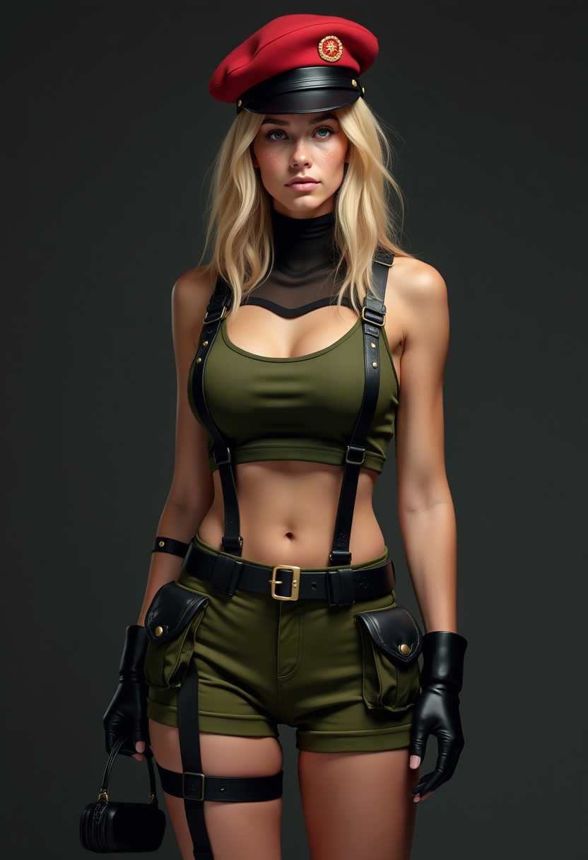 This photo features a young woman 18 years dressed in a military inspired costume, standing against a dark gray background. The costume is a mix of olive green and black, with a high neckline and a cropped top that reveals the midriff. The top has a small red emblem on the left side, which appears to be a stylized shield or crest. The woman has blonde hair, freckles, cute, is also wearing a pair of high waisted shorts with a similar color scheme, detailed with black suspenders and a belt with a gold buckle. The shorts have a thigh-high slit, and the person is wearing black thigh-high stockings with a similar design to the suspenders.The person is accessorized with a red beret, which has a black band and a small red emblem on the front. They are also wearing black gloves that reach just past the wrists, and a black utility belt with pouches on the front. The person is holding a black, cylindrical object, which could be a prop or accessory related to the costume.The art style of the image is realistic with a focus on lighting and shadow to give depth and dimension to the costume and the persons pose. The medium appears to be a photograph, given the clarity and texture of the image. The colors are muted, with the olive green and black creating a military palette, accented by the bright red of the beret and emblem. The lighting is dramatic, with the person standing in a spotlight against the dark background, which highlights the details of the costume and the persons physique. Flash bulb effect