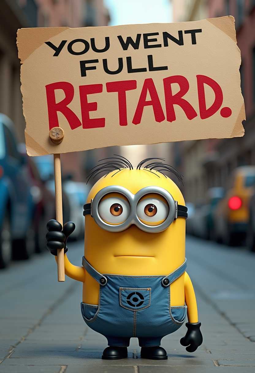 create a minion that looks crazy retarded holding a sign above his head that reads "YOU WENT FULL RETARD" 