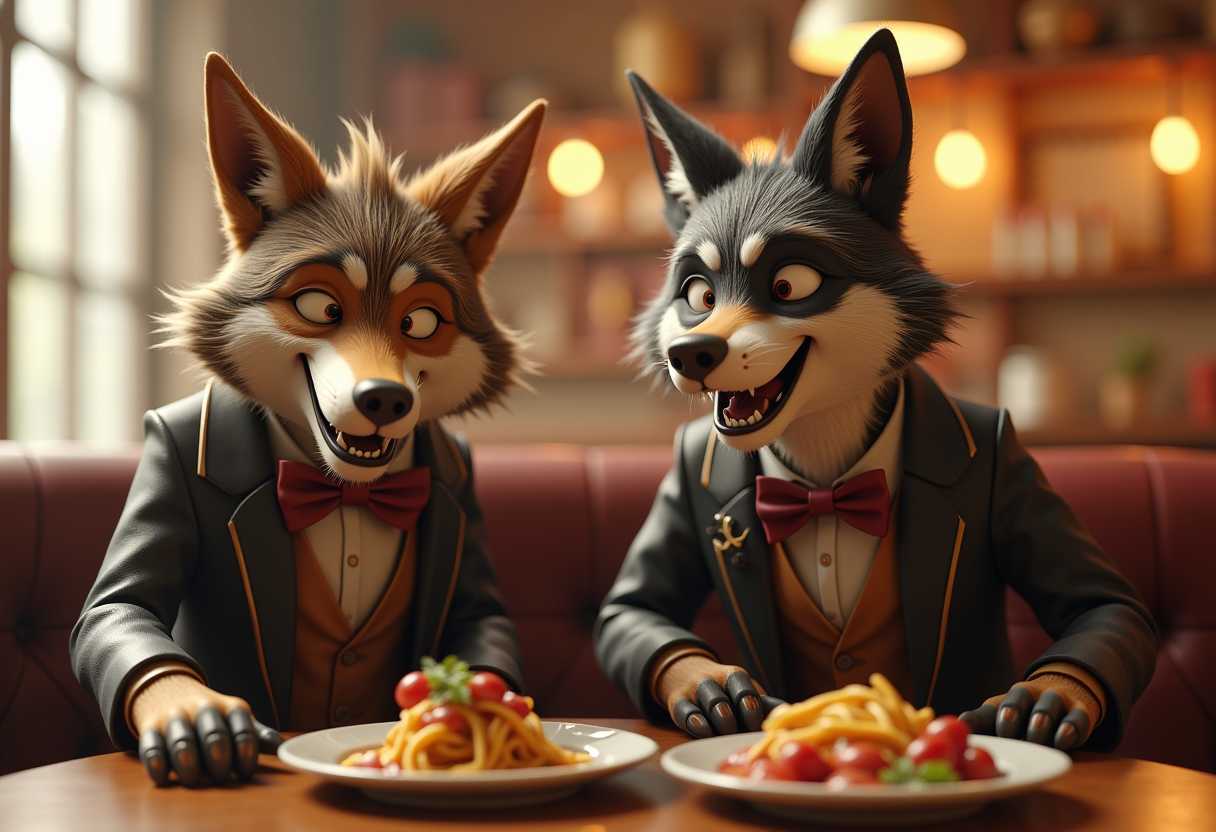 Close-up high-quality cinematic professional 3D CGI animation of two dumb crazy anthropomorphic male steampunk wolves doing silly stunts in a restaurant