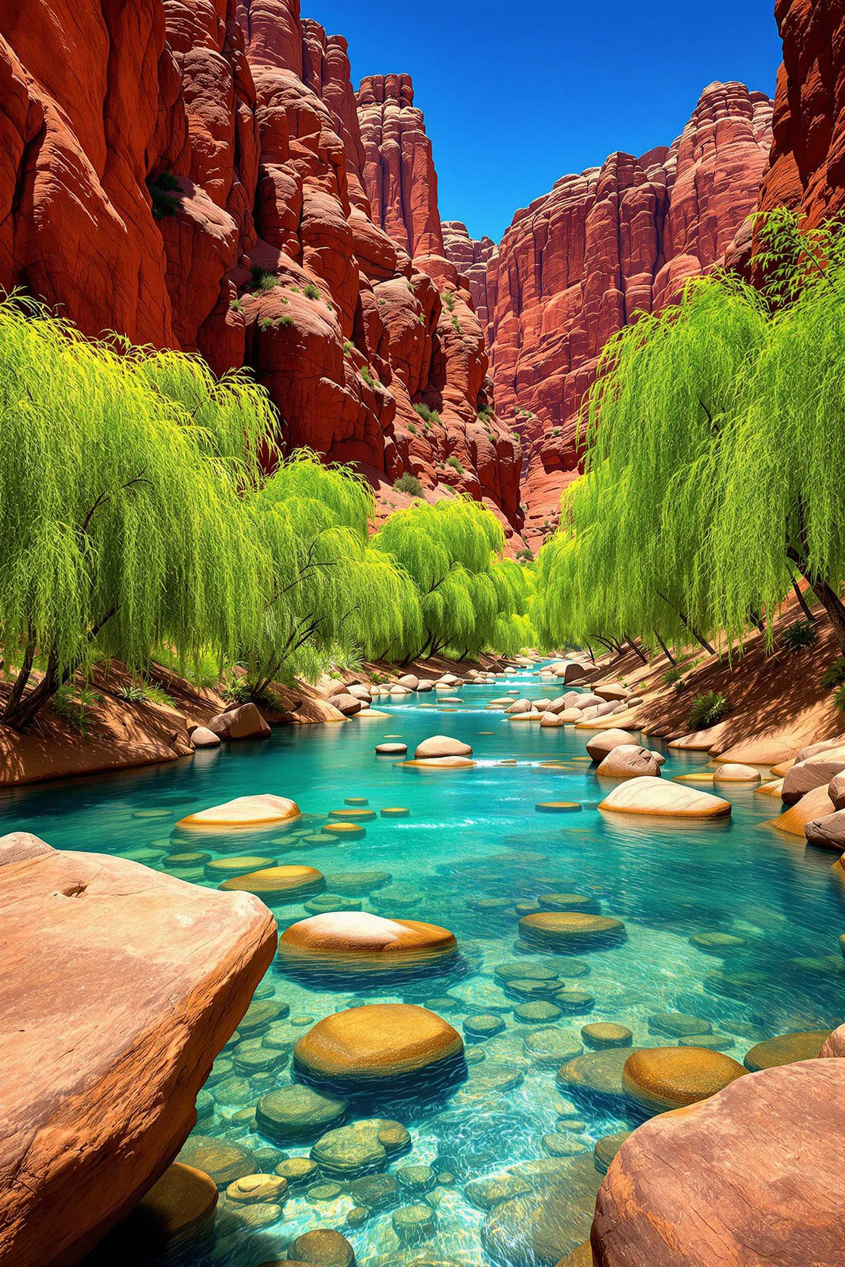 This photograph captures a serene and majestic landscape, likely a river canyon, with towering red rock formations in the background and a clear, turquoise river flowing through it. The art style is realistic, with attention to detail and natural lighting that enhances the vividness of the colors and the textures of the rocks and foliage. Medium The photo appears to be a high-resolution photograph, given the clarity and sharpness of the details. Colors The colors in the image are rich and varied. The river water is a striking turquoise, which stands out against the warm tones of the rocks and the green of the trees. The red rock formations in the background are a deep, rich red, with some areas showing lighter, sandy hues. The green of the trees is a bright, almost neon green, which contrasts with the browns and reds of the rocks and the blue of the sky. Objects in the Image 1. River The river is the central focus of the image, with its clear, turquoise water flowing gently over and around the rocks. The water is shallow in some places, revealing smooth, rounded stones beneath the surface. 2. Rocks There are several rocks visible in the river, with different shapes and sizes. Some rocks are submerged, while others protrude slightly from the waters surface. The rocks have a rough, uneven texture, with striations and grooves that indicate erosion over time. 3. Trees There are several trees lining the riverbanks, with dense foliage that provides a green contrast to the red rock formations in the background. The trees appear to be willows or similar species, with long, thin branches that sway gently in the breeze. 4. Red Rock Formations Towering in the background, the red rock formations rise dramatically from the riverbanks. The formations are layered, with different strata visible, and they have a rugged, jagged texture. The sunlight casts shadows across the formations, highlighting their depth and dimension. 5. Sky The sky is a clear, deep blue, with no clouds or other obstructions, which enhances the sense of openness and vastness in the landscape.Overall, the image conveys a sense of tranquility and natural beauty, with a harmonious blend of colors and textures that create a visually striking and immersive scene. photorealistic 128K 