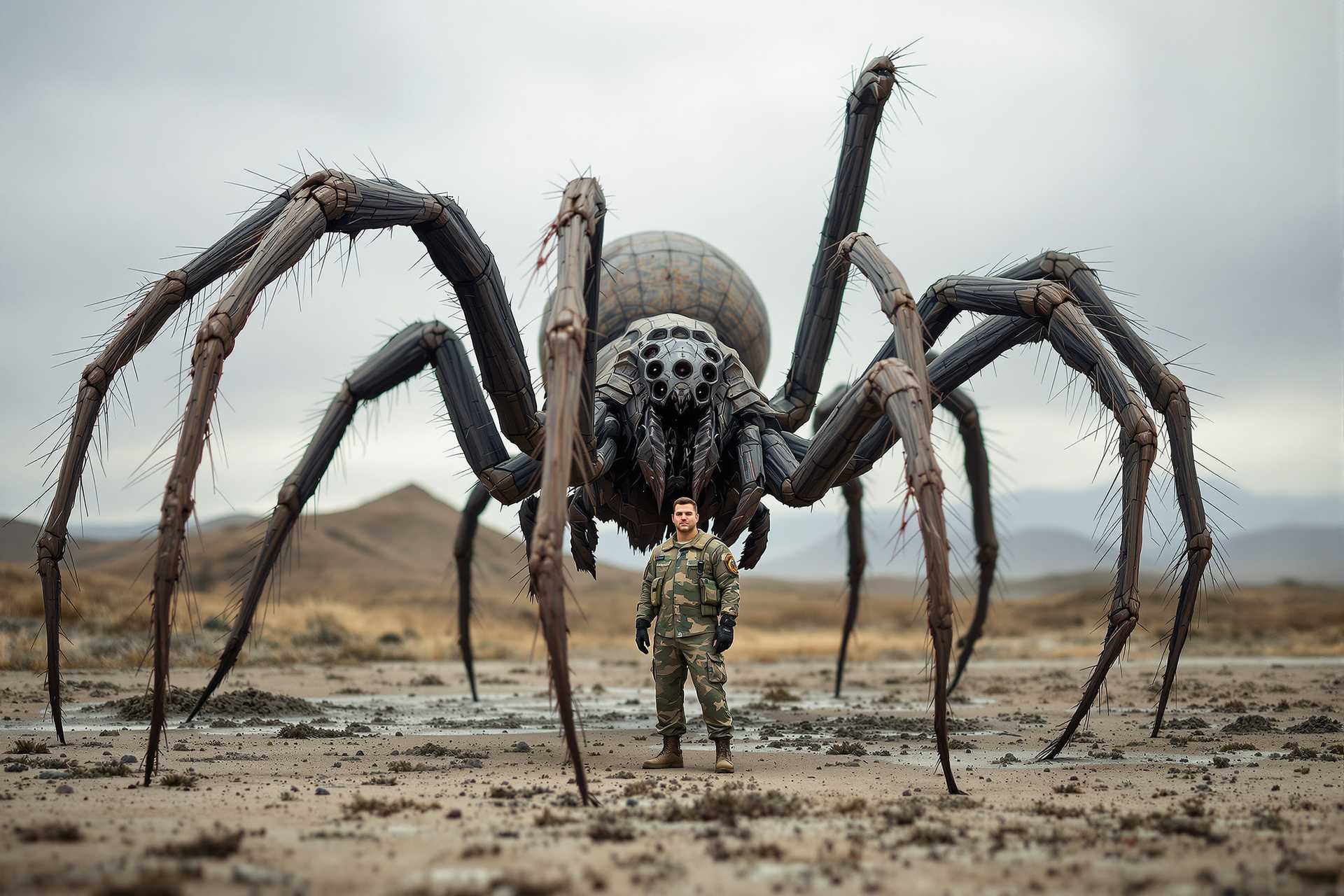 Create a photo of a huge spider, scary spider, standing next to a human. The human is in military fatigue.  The spider is bigger than the human
