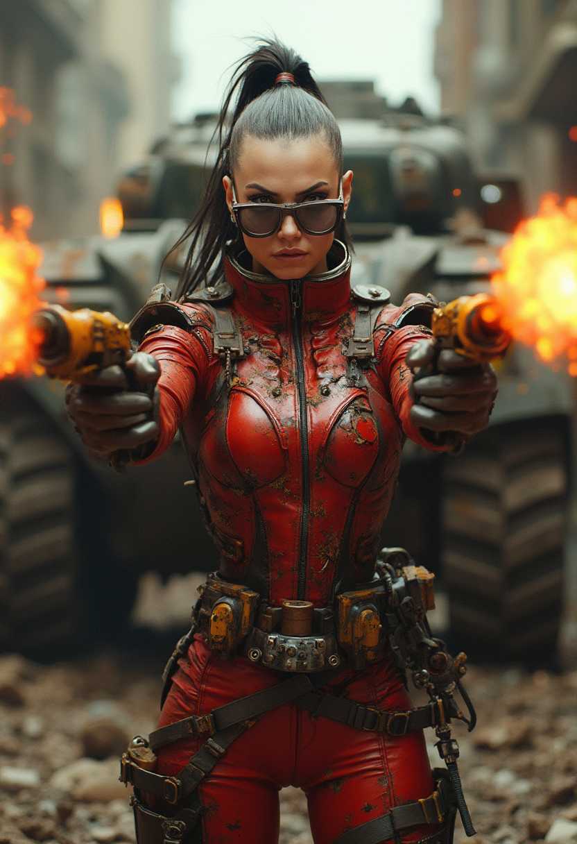 ultradetailed and dynamic: A steampunk bald warrior with a ponytail on the back of her head stands against a backdrop of ruins, in a tense post-apocalyptic atmosphere.  Her facial expression is fierce and menacing, with perfectly detailed skin and expressive eyes behind large, square, horn-rimmed glasses.  A metal-celadon-red suit with numerous details indicating damage and scratches - hugs the body, gleaming in the light of the fire.  In both hands she holds battered, yellow and black rifles, from which she shoots fireballs at the viewer.  Behind her in the background, a post-apocalyptic vehicle similar to a tank moves laboriously.  hd image 8k.utopia.chiaroscuro.