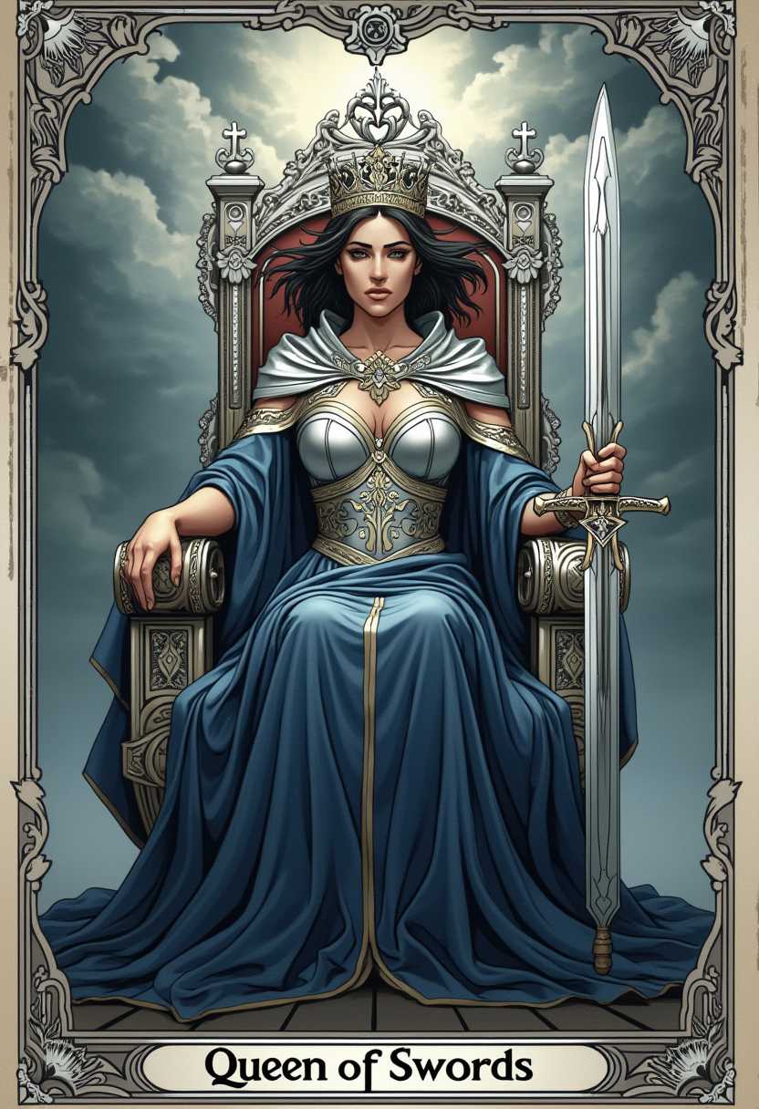 A majestic tarot card illustration of the Queen of Swords, depicted as a regal woman seated on an ornate throne adorned with intricate silver carvings and sharp, angular designs symbolizing intellect and clarity. She wears a flowing robe of deep blue and silver, shimmering with a metallic sheen, her crown sharp and pointed like a blade, reflecting her piercing wisdom. In her right hand, she holds a gleaming double-edged sword upright, its blade catching the light with a cold, polished glint, while her left hand rests on the arm of the throne, exuding authority. Her piercing gaze is direct and unflinching, framed by a stern yet elegant face, with windswept hair suggesting a restless, intellectual energy. The background features a stormy sky with swirling gray clouds, a single ray of pale sunlight breaking through, illuminating her figure and casting dramatic shadows. The scene is framed with a classic tarot card border, detailed with subtle geometric patterns and sword motifs in silver and gold. The style is reminiscent of traditional Rider-Waite tarot art, with a touch of Art Nouveau elegance, emphasizing fine linework and symbolic detail. The composition centers the Queen in a commanding frontal pose, with a slightly elevated perspective to enhance her dominance. The mood is intense and focused, evoking a sense of mental clarity, truth, and unyielding strength, set against a backdrop of turbulent yet controlled energy. Rendered with high detail, sharp contrasts, and a muted yet striking color palette of blues, silvers, and grays, in a 2D illustrative format.