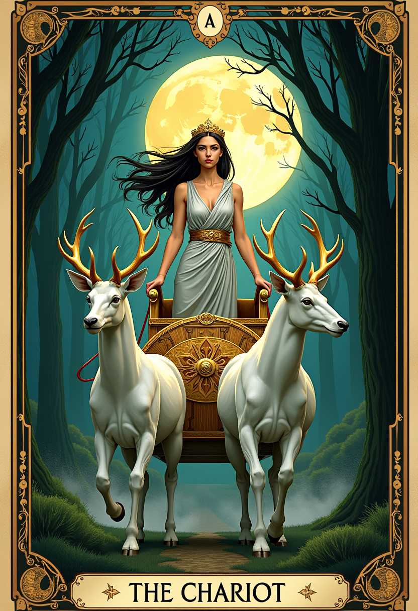 A majestic tarot card illustration of "The Chariot," featuring the Greek goddess Diana as the central figure. Diana stands tall and commanding in a golden chariot adorned with intricate lunar motifs and crescent moons, pulled by two powerful white stags with shimmering antlers. She wears a flowing silver robe that glows softly under moonlight, a quiver of arrows slung over her shoulder, and a laurel crown resting on her dark, windswept hair. Her expression is fierce yet focused, embodying determination and control. The background depicts a mystical forest at twilight, with deep emerald greens and shadowy blues, illuminated by a full moon casting ethereal light through the trees. The composition is dynamic, with Diana positioned centrally, the chariot in mid-motion, and the stags charging forward, creating a sense of unstoppable momentum. The art style is reminiscent of classic tarot card designs, with detailed linework and rich, symbolic imagery inspired by Art Nouveau, featuring ornate borders and celestial accents. The mood is powerful and mysterious, evoking a sense of divine authority and wild, untamed energy, with a cool, nocturnal atmosphere enhanced by soft, diffused lighting and subtle mist.