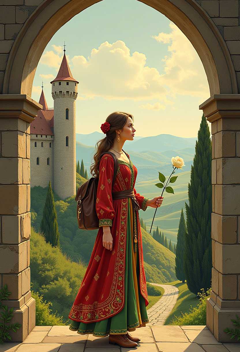 A stunning tarot card illustration of "The Fool," featuring a beautiful woman dressed in vibrant, patchwork motley attire with intricate patterns of red, gold, and green, adorned with bells and whimsical details. She stands confidently at the edge of a grand medieval castle courtyard, ancient stone walls and towering turrets rising behind her, their weathered textures bathed in the warm, golden light of a late afternoon sun. Her expression is one of carefree curiosity, her eyes bright and full of wonder, a small knapsack slung over her shoulder and a white rose held delicately in her hand. The composition centers her in the foreground, framed by the castle's arched gateway, with a winding path leading into a distant, misty landscape of rolling hills under a soft, pastel sky. The artistic style is reminiscent of classic tarot deck illustrations, with detailed linework and rich, symbolic colors inspired by the Rider-Waite tradition, blended with a touch of romantic fantasy art. The mood is uplifting and adventurous, capturing the essence of new beginnings, with a gentle breeze rustling her clothing and a sense of magic lingering in the air. Rendered with sharp clarity, high contrast, and a focus on fine details in her costume and the castle's architecture, evoking a timeless, storybook atmosphere.