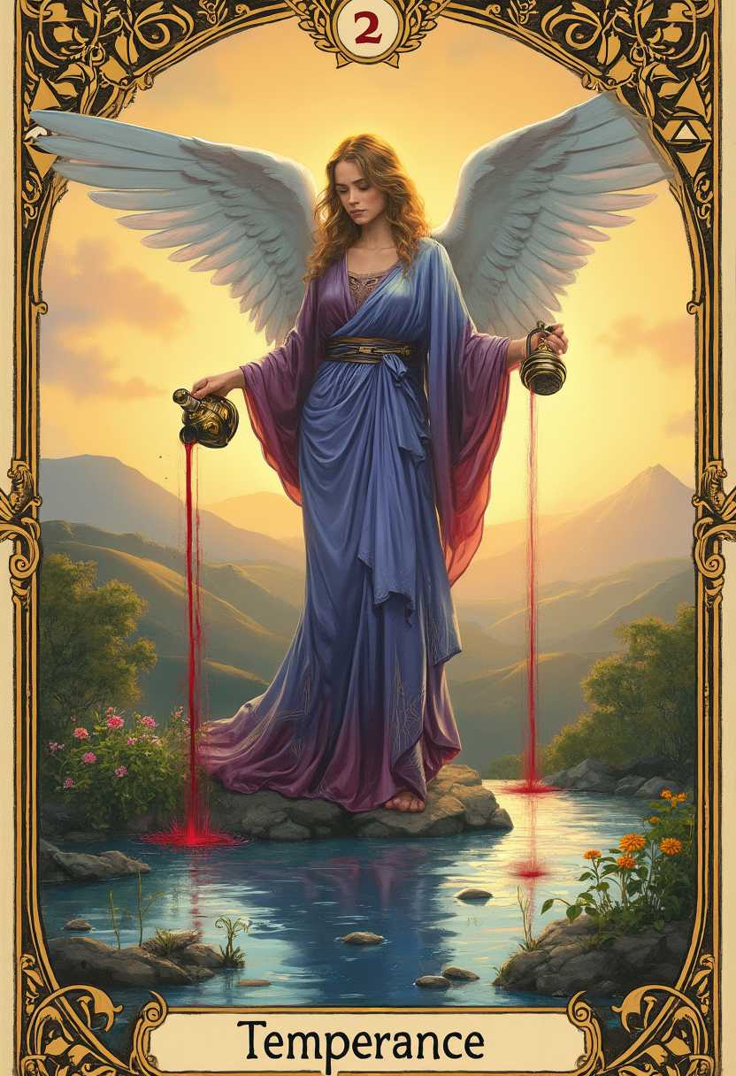 A beautifully detailed tarot card illustration of "Temperance," featuring a serene female angel as the central figure. She stands gracefully in a balanced pose, one foot on land and the other in a shimmering stream, symbolizing harmony. The angel, with ethereal wings of soft, iridescent white and gold, wears a flowing robe of deep blue and violet, adorned with subtle celestial patterns. She holds two ornate pitchers, one in each hand, pouring a stream of rich, ruby-red wine from one pitcher onto the fertile ground below, where small vines and flowers begin to sprout, symbolizing transformation and patience. The background depicts a tranquil landscape at dawn, with a golden sunrise casting warm, soft light over rolling hills and a distant mountain peak, creating a peaceful and spiritual atmosphere. The scene is framed with intricate, golden borders typical of classic tarot card design, featuring symbolic motifs like triangles and laurel wreaths. The art style is reminiscent of the Rider-Waite tarot deck, with a hand-drawn, vintage aesthetic, rich in detail and vibrant yet harmonious colors. The composition is centered, with the angel as the focal point, captured from a slightly low angle to emphasize her divine presence, evoking a mood of balance, renewal, and quiet strength.