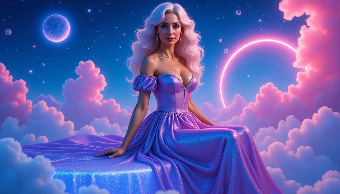 KIRA-SUNRISE-ZIP, elegant woman with platinum blonde vintage waves, sitting gracefully on a shimmering seat of light, in a glowing iridescent dress that shifts between indigo and violet, soft off-shoulder design, surrounded by floating stardust and luminous particles, galactic clouds and energy rings behind her, cinematic quantum atmosphere, dreamy lighting, celestial environment, full view,