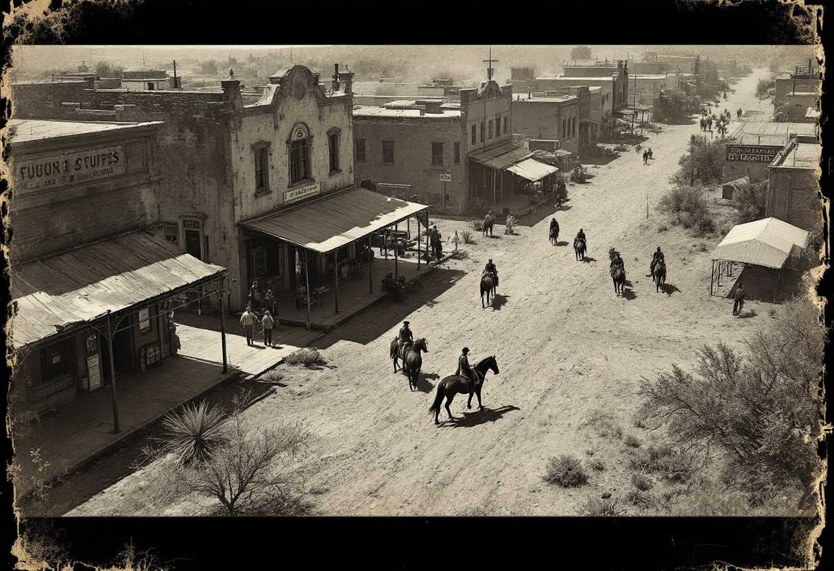 Create a photorealistic monochrome photo of an 1863 Tucson, Arizona, few horses, buildings drone view, photo is aged, worn edges.