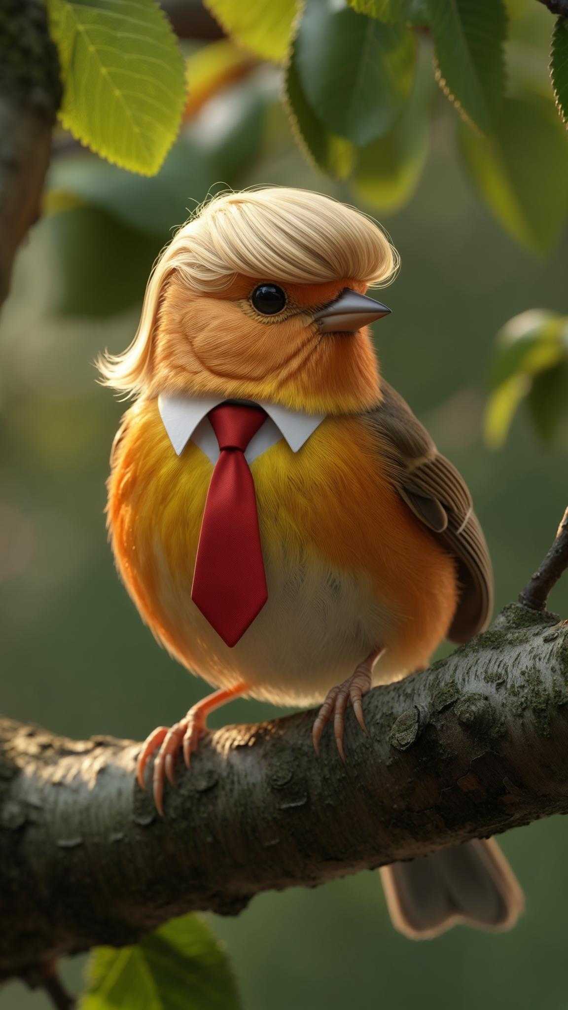 create photo orange yellow chickadee bird with a blonde hair comb over wearing a red tie, sitting on a tree branch. realistic photorealistic  photograph
