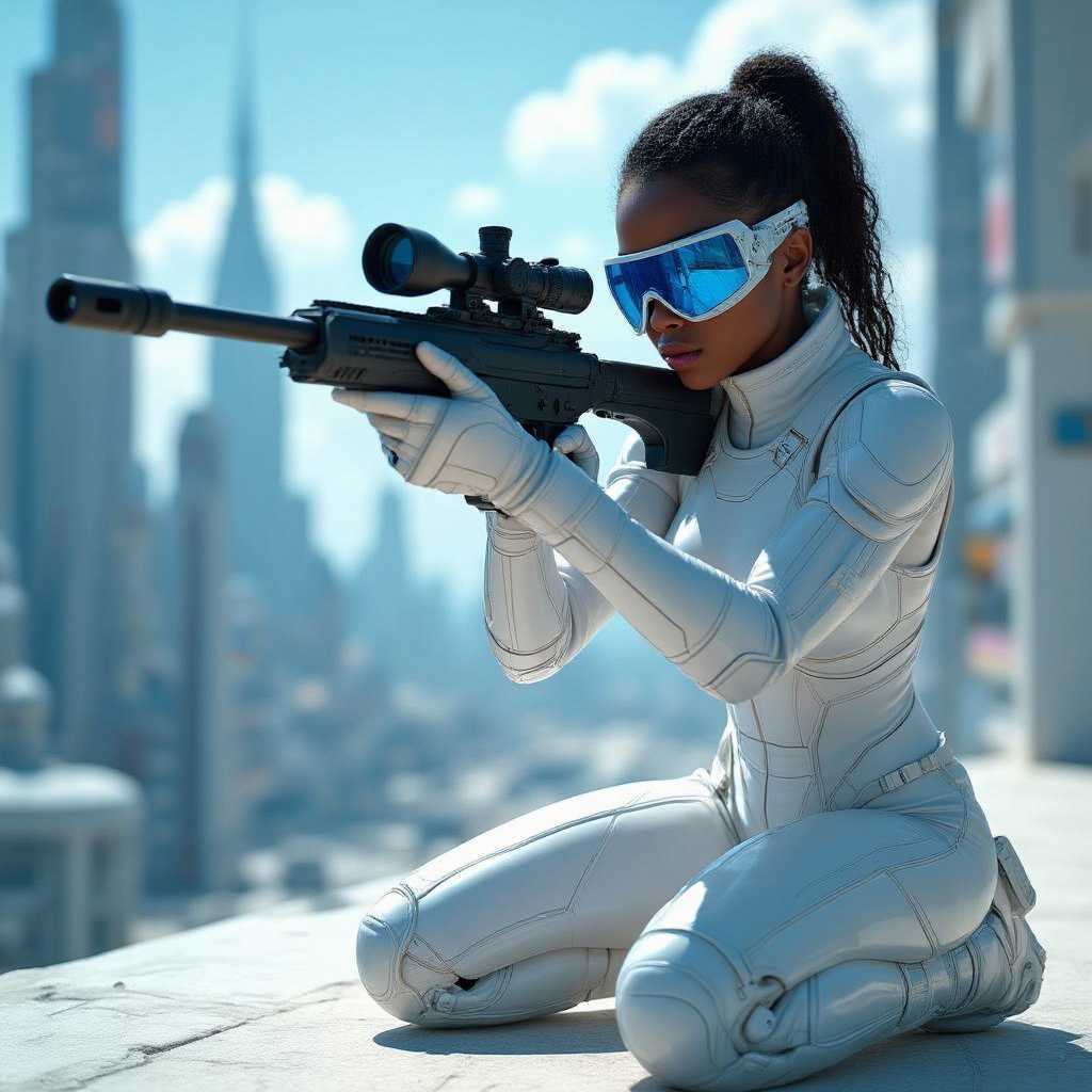 beautiful black girl aiming her sniper rifle, kneeling shooting position, all white futuristic suite and armor, sci-fi style city, big blue tinted glasses ultra realistic textures, 8k, sunny day, vivid vibe