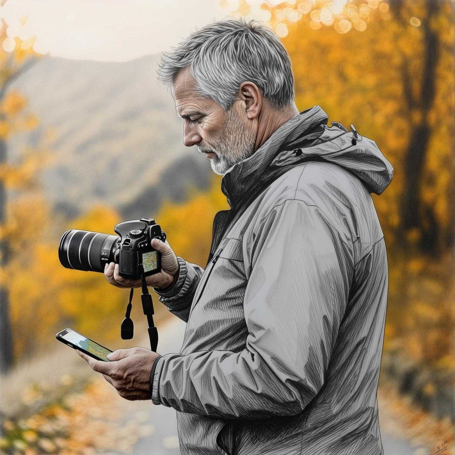 A detailed black and white pencil drawing of a seasoned photographer, depicted in a side profile, with short, neatly styled grey hair. The photographer, a middle-aged man with a rugged yet focused expression, stands in a natural outdoor autumn setting, holding a professional DSLR camera with a long lens in one hand, while his other hand grips a smartphone displaying a GPS map. His posture is slightly hunched as he concentrates on the screen, capturing a moment of quiet determination. The scene is framed in a balanced composition, with the photographer positioned slightly off-center to the left, allowing space for the softly blurred background of a serene forest or mountainous landscape. The drawing showcases intricate textures, such as the fine lines of his weathered face, the folds of his casual jacket, and the detailed shading of the camera equipment. The style is realistic with a focus on sharp contrasts and delicate cross-hatching to emphasize depth and form. The mood is calm and introspective, set during the golden hour with subtle hints of warm light casting soft shadows across the scene, evoking a sense of adventure and purpose.