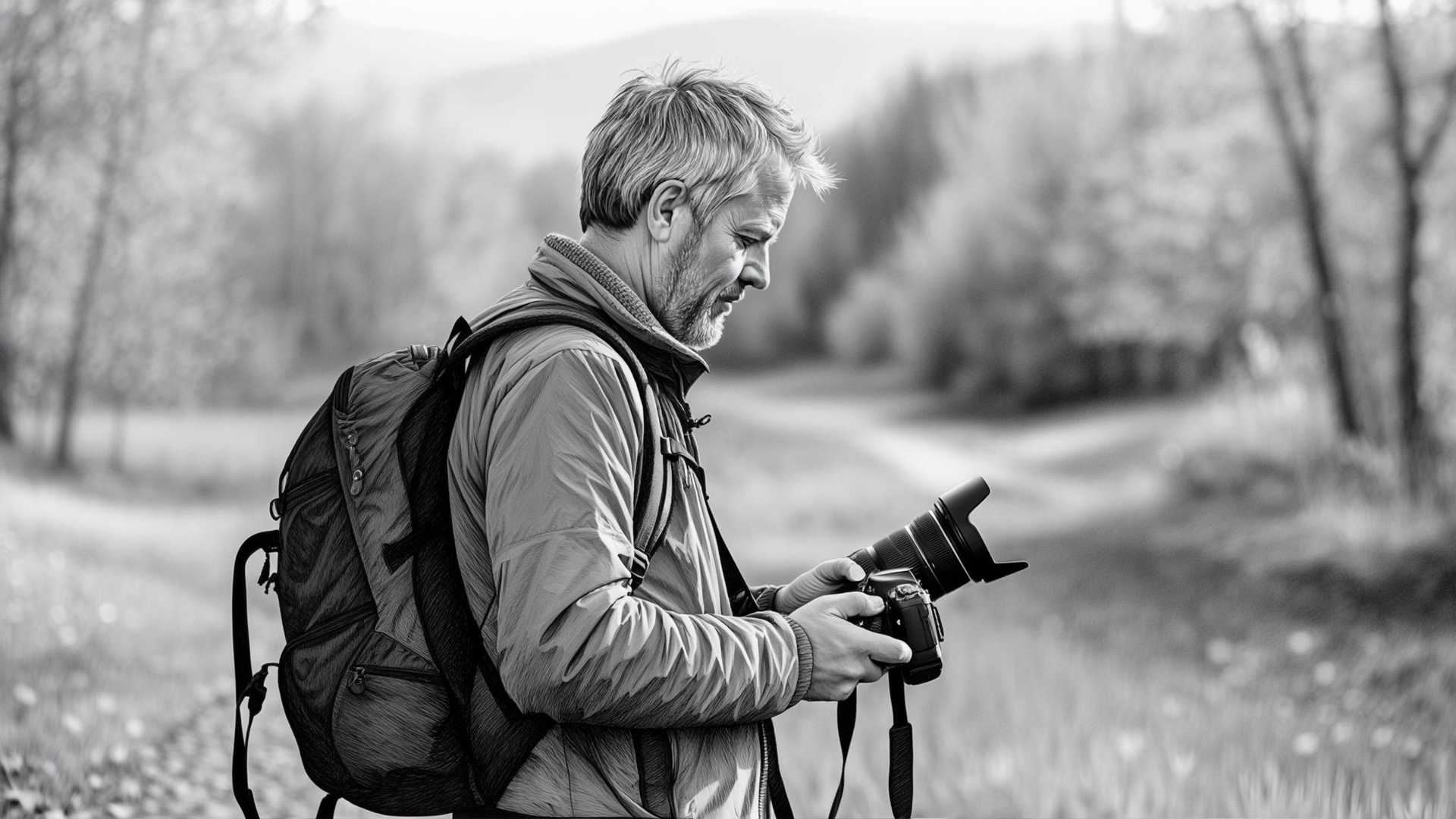 A detailed black and white pencil sketch of a seasoned photographer, carrying 
 a backpack depicted in a side profile, with short, neatly styled grey hair. The photographer, a middle-aged man with a rugged yet focused expression, stands in a natural outdoor autumn setting, holding a smartphone in his hand displaying a GPS map. His posture is slightly hunched as he concentrates on the screen, capturing a moment of quiet determination. The scene is framed in a balanced composition, with the photographer positioned slightly off-center to the right, allowing space for the softly blurred colored background of a serene forest or mountainous landscape. The drawing showcases intricate textures, such as the fine lines of his weathered face, the folds of his casual jacket, and the detailed shading of the camera equipment. The style is realistic with a focus on sharp contrasts and delicate cross-hatching to emphasize depth and form. The mood is calm and introspective, set during the golden hour with subtle hints of warm light casting soft shadows across the scene, evoking a sense of adventure and purpose.