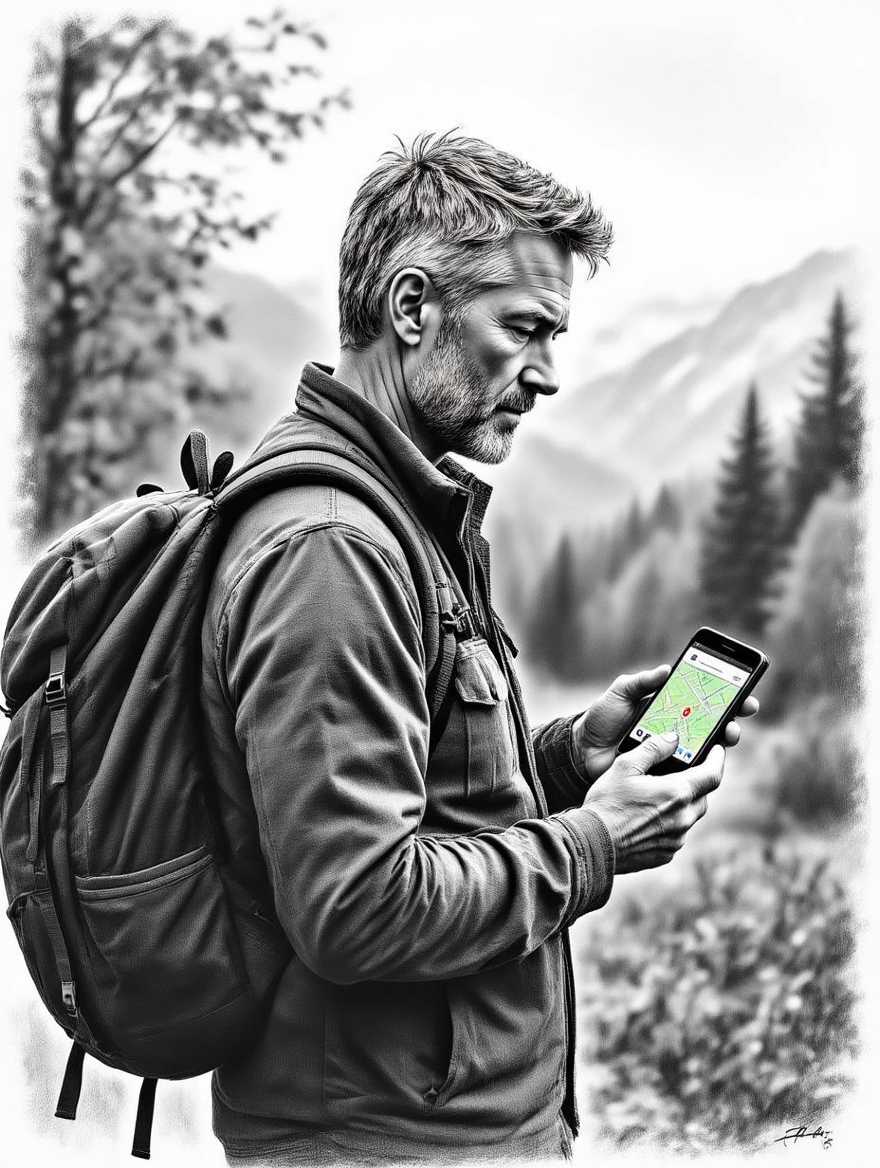 A black and white pencil sketch of a seasoned photographer, carrying 
 a backpack depicted in a side profile, with short, neatly styled grey hair. The photographer, a middle-aged man with a rugged yet focused expression, stands in a natural outdoor autumn setting, holding a smartphone in his hand displaying a GPS map. His posture is slightly hunched as he concentrates on the screen, capturing a moment of quiet determination. The scene is framed in a balanced composition, with the photographer positioned slightly off-center to the left, allowing space for the softly blurred all in color background of a serene forest or mountainous landscape. The drawing showcases intricate textures, such as the fine lines of his weathered face, the folds of his casual jacket, and the detailed shading of the camera equipment. The style is realistic displaying contrasts and delicate cross-hatching to emphasize depth and form. The background scenery is sketched in color pencil. The mood is calm and introspective, set during the golden hour with subtle hints of warm light casting soft shadows across the scene, evoking a sense of adventure and purpose.