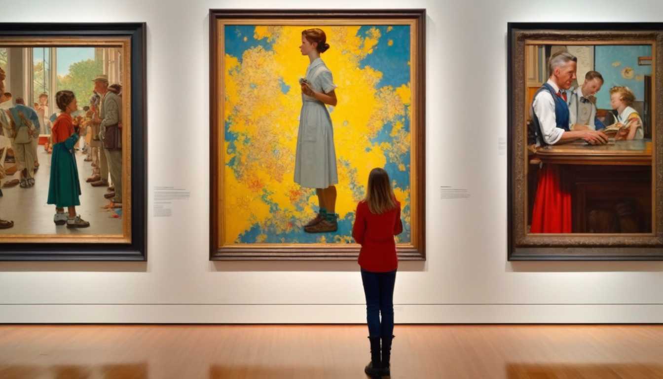 A realistic photograph of a norman rockwell painting, a girl is looking at a large neo expressionist painting on a large canvas in an art gallery