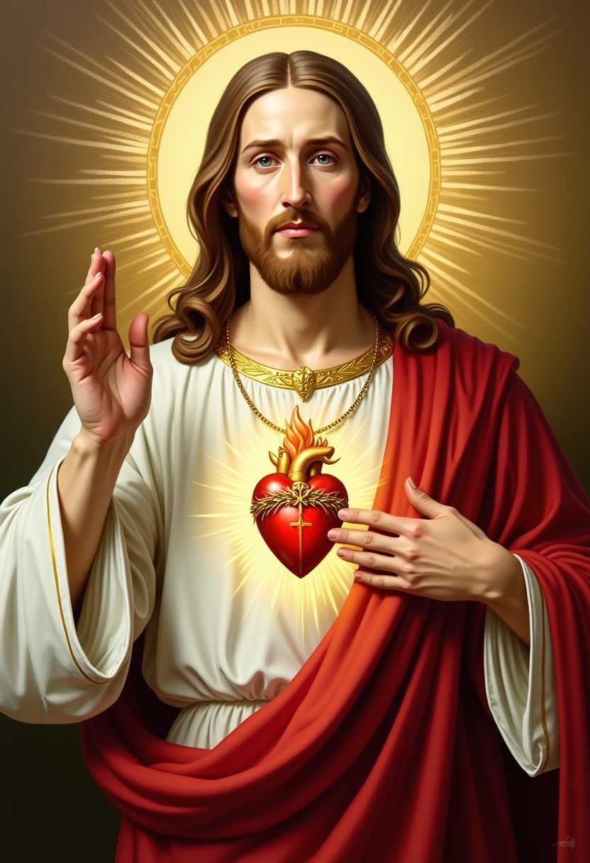 This image is a depiction of a figure commonly recognized as Jesus Christ, often found in Christian religious iconography. Print in classic text it reads "MAKE JESUS GREAT AGAIN" The art style is reminiscent of traditional religious paintings, with a focus on symbolism and a sense of divine presence. The medium appears to be oil paint, given the texture and richness of the colors.The figure is clothed in garments that are white and red, which are often associated with purity and divinity in Christian symbolism. The white garment is adorned with a golden trim, which adds a regal and sacred quality to the attire. The red garment drapes over the figures right shoulder, and the folds of the cloth are rendered with a lifelike realism.At the center of the figures chest is a prominent heart, which is a focal point of the image. The heart is depicted with flames and a cross, signifying the Sacred Heart, a term used in Christian theology to refer to the love of God for humanity. The flames suggest divine love and the cross represents the sacrifice of Jesus on the cross. The heart is encircled by a crown of thorns, which is a reminder of the suffering Jesus endured during his crucifixion.The figures right hand is raised in a blessing gesture, while the left hand rests gently on the Sacred Heart. The fingers of the right hand are slightly curled, and the thumb and index finger are touching, a common sign of blessing or peace. The hand is detailed with realistic creases and shadows, adding to the threedimensional effect.Behind the figure, there is a radiant halo, which is a common symbol of sanctity and holiness in Christian iconography. The halo is depicted with a gradient of light, transitioning from a soft glow at the edges to a brighter light at the center, creating a sense of divine light surrounding the figure.The background of the image is a warm, golden color, with rays of light emanating from behind the figure, giving the impression of divine glory and transcendence. The light rays are depicted with a soft, diffused quality, and they create a sense of depth and dimension in the composition.Overall, the image conveys a solemn and reverent mood, inviting contemplation of the figures divine nature and the themes of love, sacrifice, and redemption central to Christian faith.