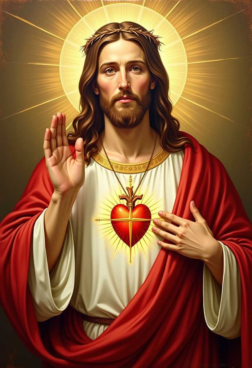 This image is a depiction of a figure commonly recognized as Jesus Christ, often found in Christian religious iconography. Print in classic text it reads "MAKE JESUS GREAT AGAIN" on top of the image.  The art style is reminiscent of traditional religious paintings, with a focus on symbolism and a sense of divine presence. The medium appears to be oil paint, given the texture and richness of the colors.The figure is clothed in garments that are white and red, which are often associated with purity and divinity in Christian symbolism. The white garment is adorned with a golden trim, which adds a regal and sacred quality to the attire. The red garment drapes over the figures right shoulder, and the folds of the cloth are rendered with a lifelike realism.At the center of the figures chest is a prominent heart, which is a focal point of the image. The heart is depicted with flames and a cross, signifying the Sacred Heart, a term used in Christian theology to refer to the love of God for humanity. The flames suggest divine love and the cross represents the sacrifice of Jesus on the cross. The heart is encircled by a crown of thorns, which is a reminder of the suffering Jesus endured during his crucifixion.The figures right hand is raised in a blessing gesture, while the left hand rests gently on the Sacred Heart. The fingers of the right hand are slightly curled, and the thumb and index finger are touching, a common sign of blessing or peace. The hand is detailed with realistic creases and shadows, adding to the threedimensional effect.Behind the figure, there is a radiant halo, which is a common symbol of sanctity and holiness in Christian iconography. The halo is depicted with a gradient of light, transitioning from a soft glow at the edges to a brighter light at the center, creating a sense of divine light surrounding the figure.The background of the image is a warm, golden color, with rays of light emanating from behind the figure, giving the impression of divine glory and transcendence. The light rays are depicted with a soft, diffused quality, and they create a sense of depth and dimension in the composition.Overall, the image conveys a solemn and reverent mood, inviting contemplation of the figures divine nature and the themes of love, sacrifice, and redemption central to Christian faith.