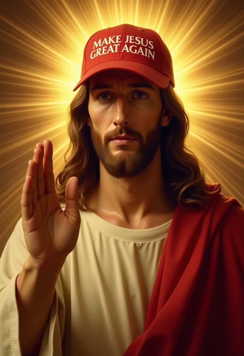 This image is a depiction of a figure commonly recognized as Jesus Christ, often found in Christian religious iconography. he is wearing a red ball cap that reads "MAKE JESUS GREAT AGAIN" background a inside church, religious setting

The fingers of the right hand are slightly curled, and the thumb and index finger are touching, a common sign of blessing or peace. The hand is detailed with realistic creases and shadows, adding to the threedimensional effect.Behind the figure, there is a radiant halo, which is a common symbol of sanctity and holiness in Christian iconography. The halo is depicted with a gradient of light, transitioning from a soft glow at the edges to a brighter light at the center, creating a sense of divine light surrounding the figure.The background of the image is a warm, golden color, with rays of light emanating from behind the figure, giving the impression of divine glory and transcendence. The light rays are depicted with a soft, diffused quality, and they create a sense of depth and dimension in the composition.