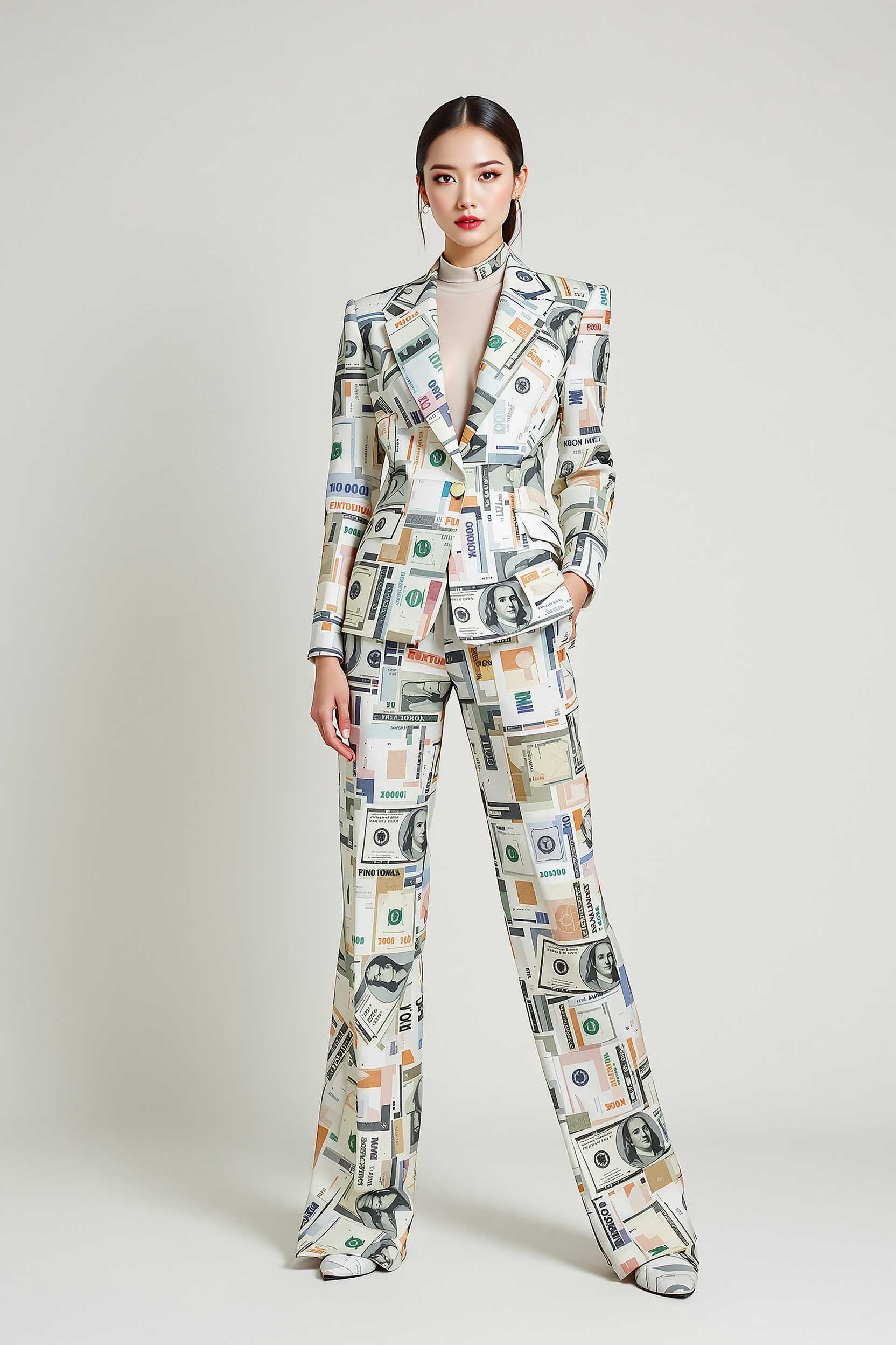 Photorealistic, surrealism, full-length shot, Taiwanese beauty wearing clothing suit made of banknotes, fashionable and stylish stunning, off-white background