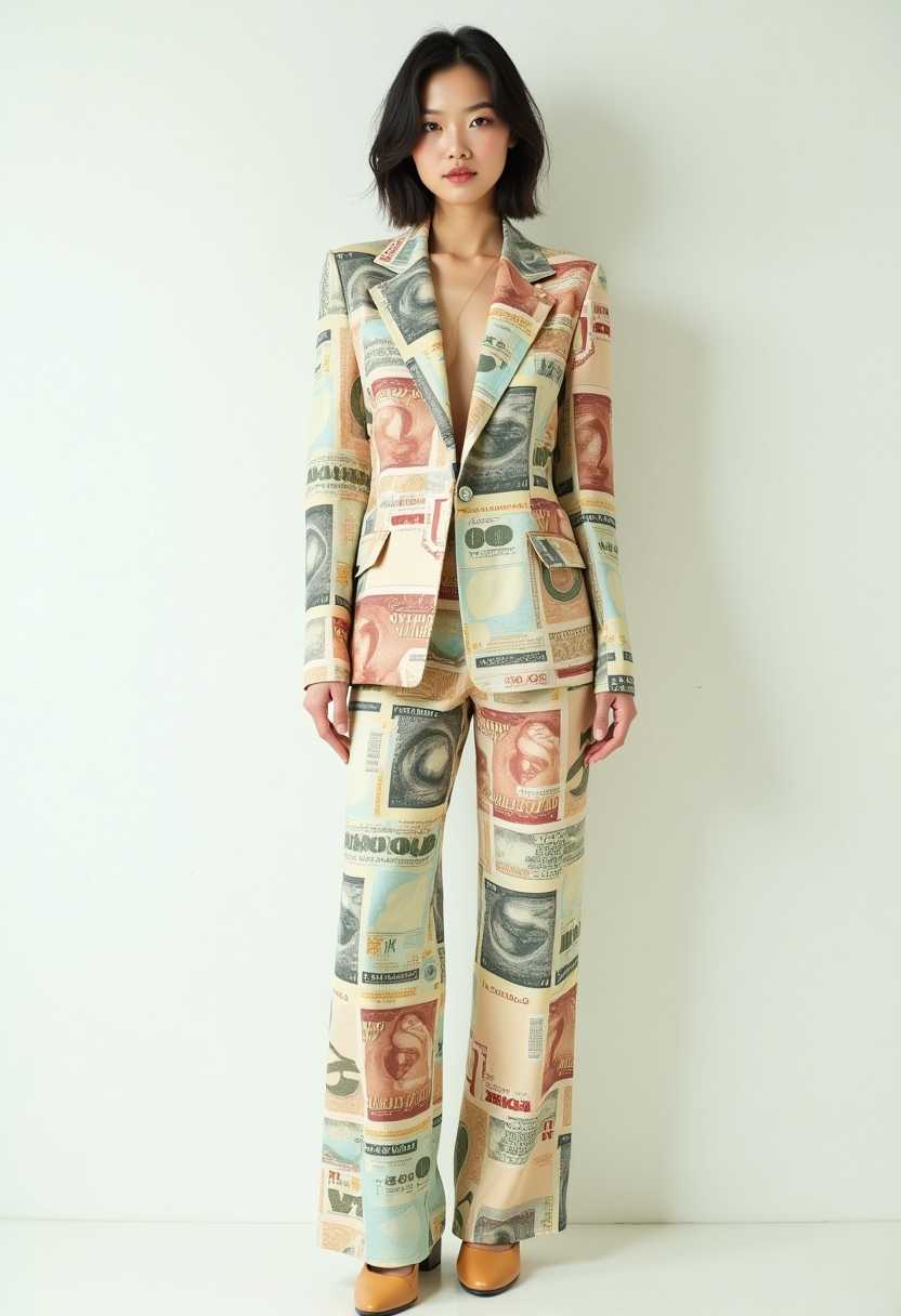 Photorealistic, surrealism, full-length shot, Taiwanese beauty wearing clothing suit made of banknotes, fashionable and stylish stunning, off-white background