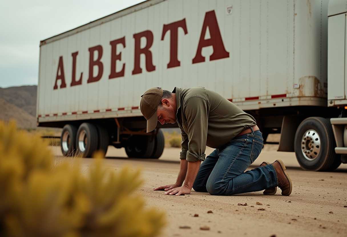 This image depicts an individual truck driver, wearing baseball cap, kneeling on a sandy surface. The person face kissing the ground. Face touching the ground. head touching the ground. They are positioned in front of a large, white structure tractor truck trailer  with the word ALBERTA written across it. The background is sparse, with dry vegetation and a blurred yellow green plant in the foreground, suggesting a desert or arid landscape. The overall art style of the image is realistic, capturing the textures and details of the scene with clarity. The medium appears to be a photograph, given the sharpness and clarity of the image. The colors are muted, western wear and the metal frame standing out against the sandy and earthy tones of the background. The lighting in the image is soft and diffused, likely from an overcast sky, which casts a gentle glow on the scene without harsh shadows.