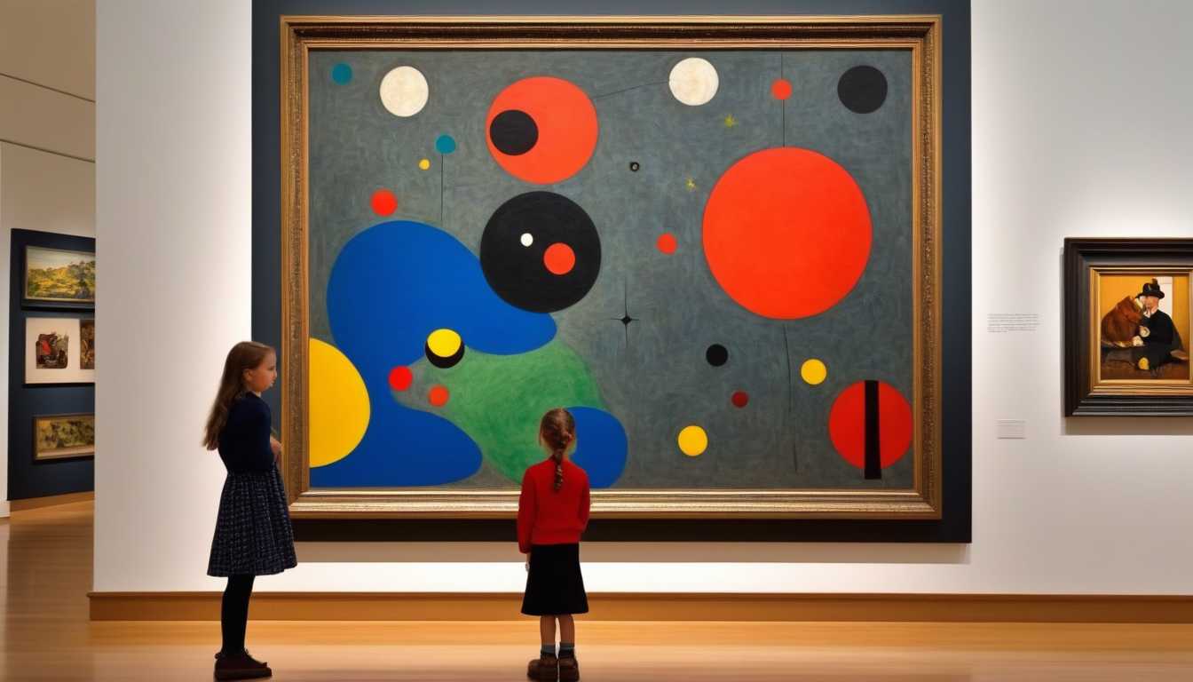 A realistic photograph of a norman rockwell painting, a girl is looking at a large painting by Joan Miró on a large canvas in an art gallery