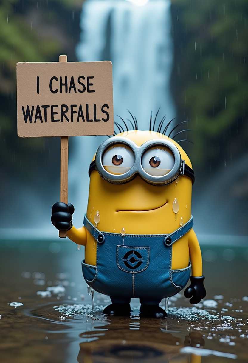 creature an minion soaking wet, dripping of water, holding a sign that reads "I CHASE WATERFALLS" background a waterfall